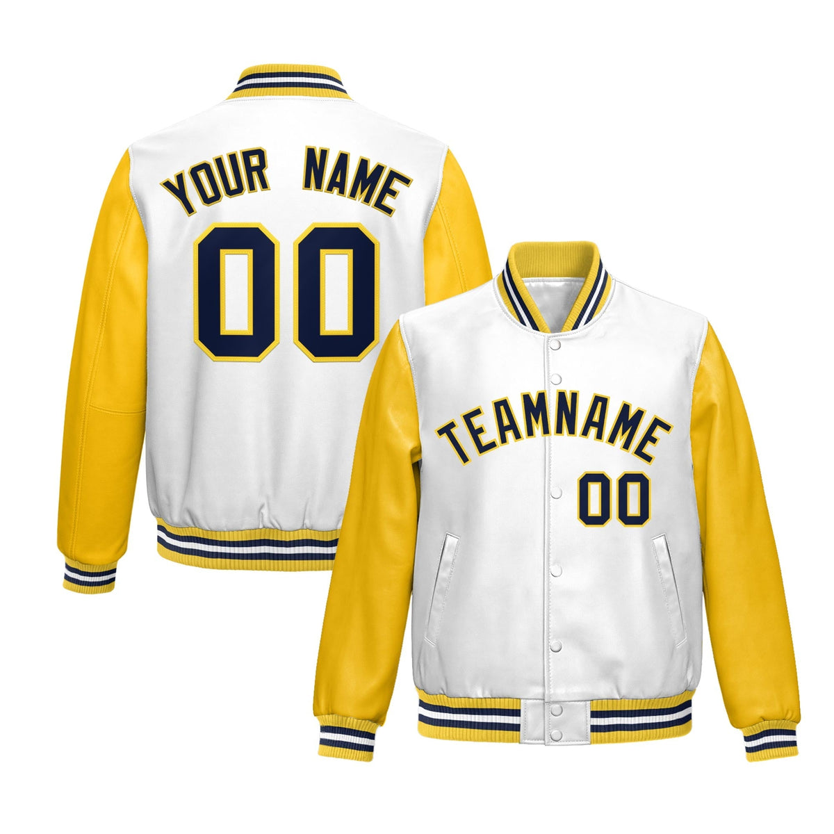 Custom White Yellow Raglan Sleeves Full-Snap Varsity Faux Leather Letterman Jacket
