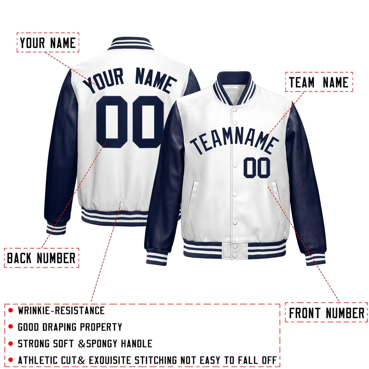 Custom Navy White Raglan Sleeves Full-Snap Varsity Faux Leather Letterman Jacket