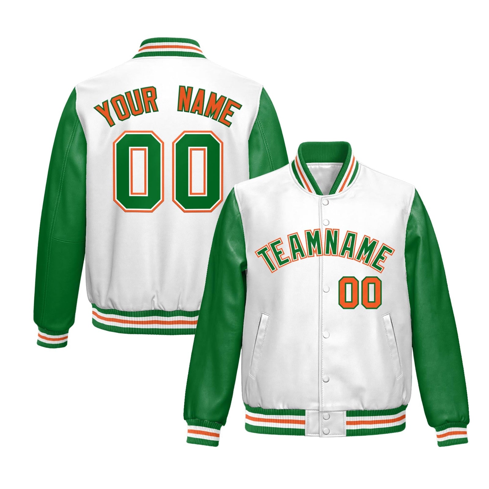 Custom White Kelly Green Raglan Sleeves Full-Snap Varsity Faux Leather Letterman Jacket