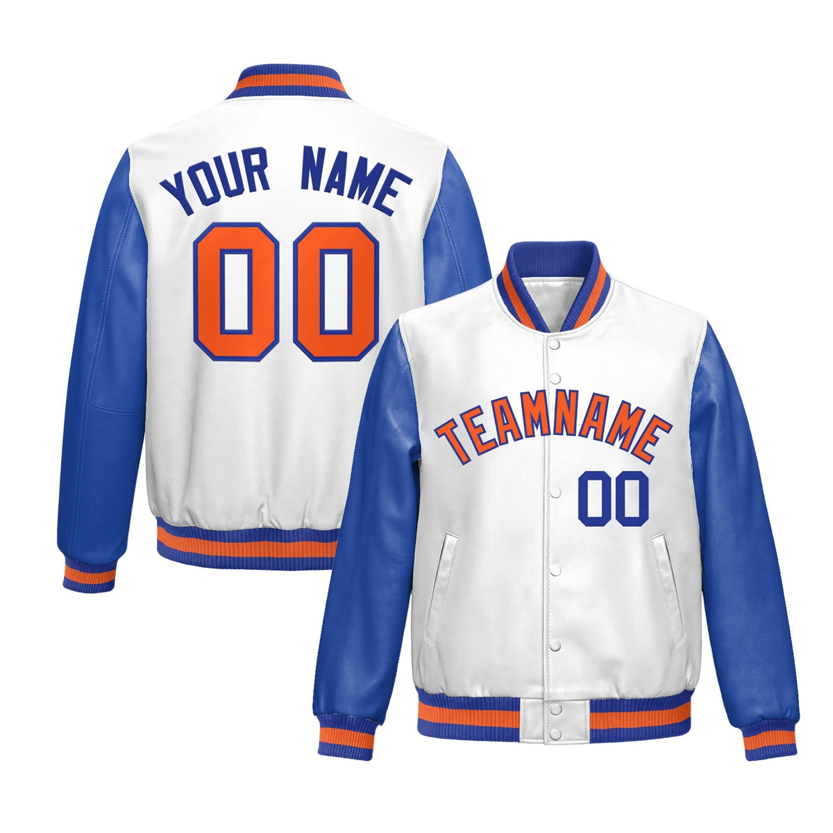 Custom White Royal Blue Raglan Sleeves Full-Snap Varsity Faux Leather Letterman Jacket