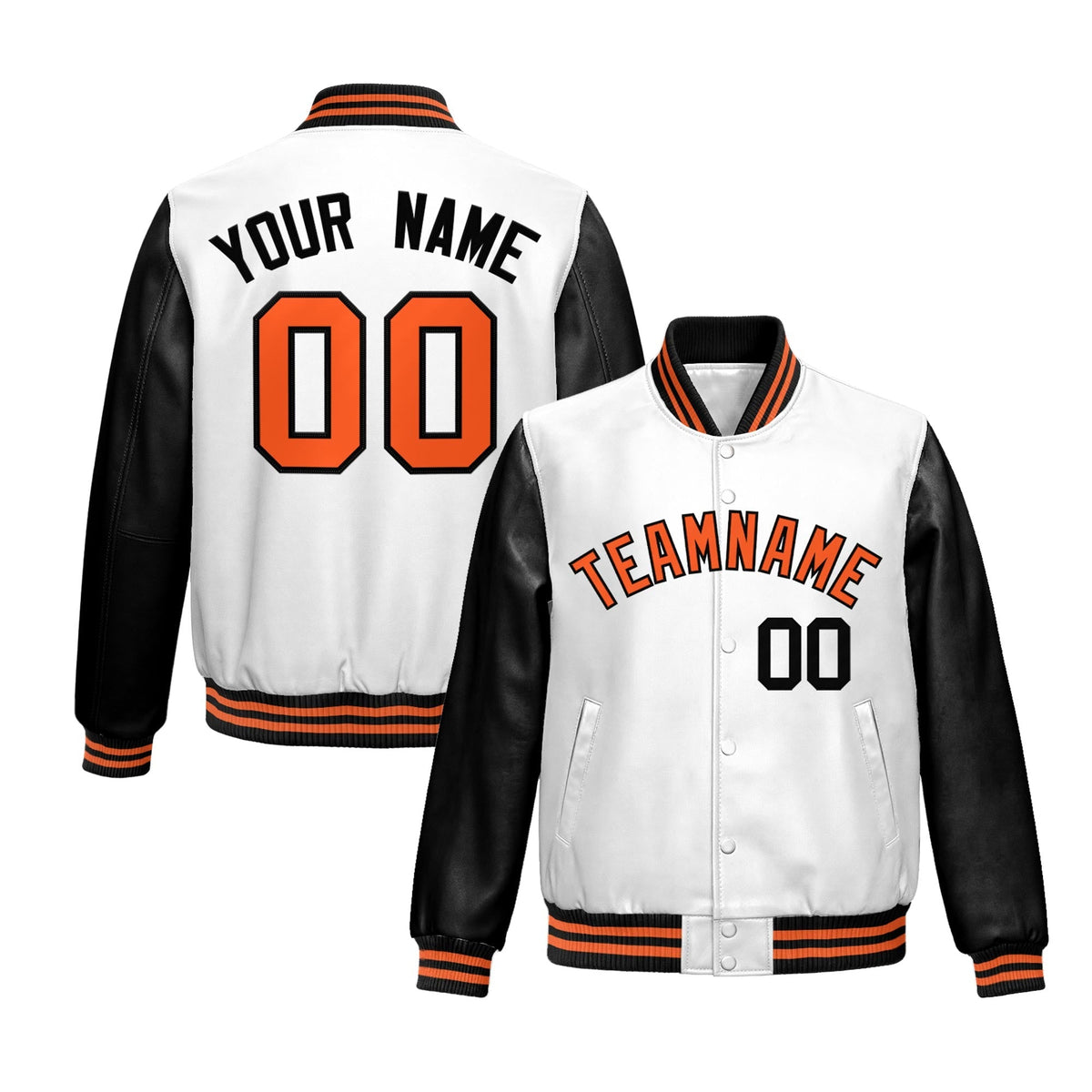 Custom White Black Raglan Sleeves Full-Snap Varsity Faux Leather Letterman Jacket