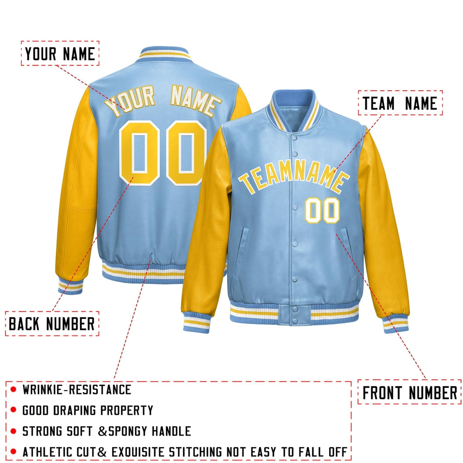 Custom Powder Blue Yellow Raglan Sleeves Full-Snap Varsity Faux Leather Letterman Jacket
