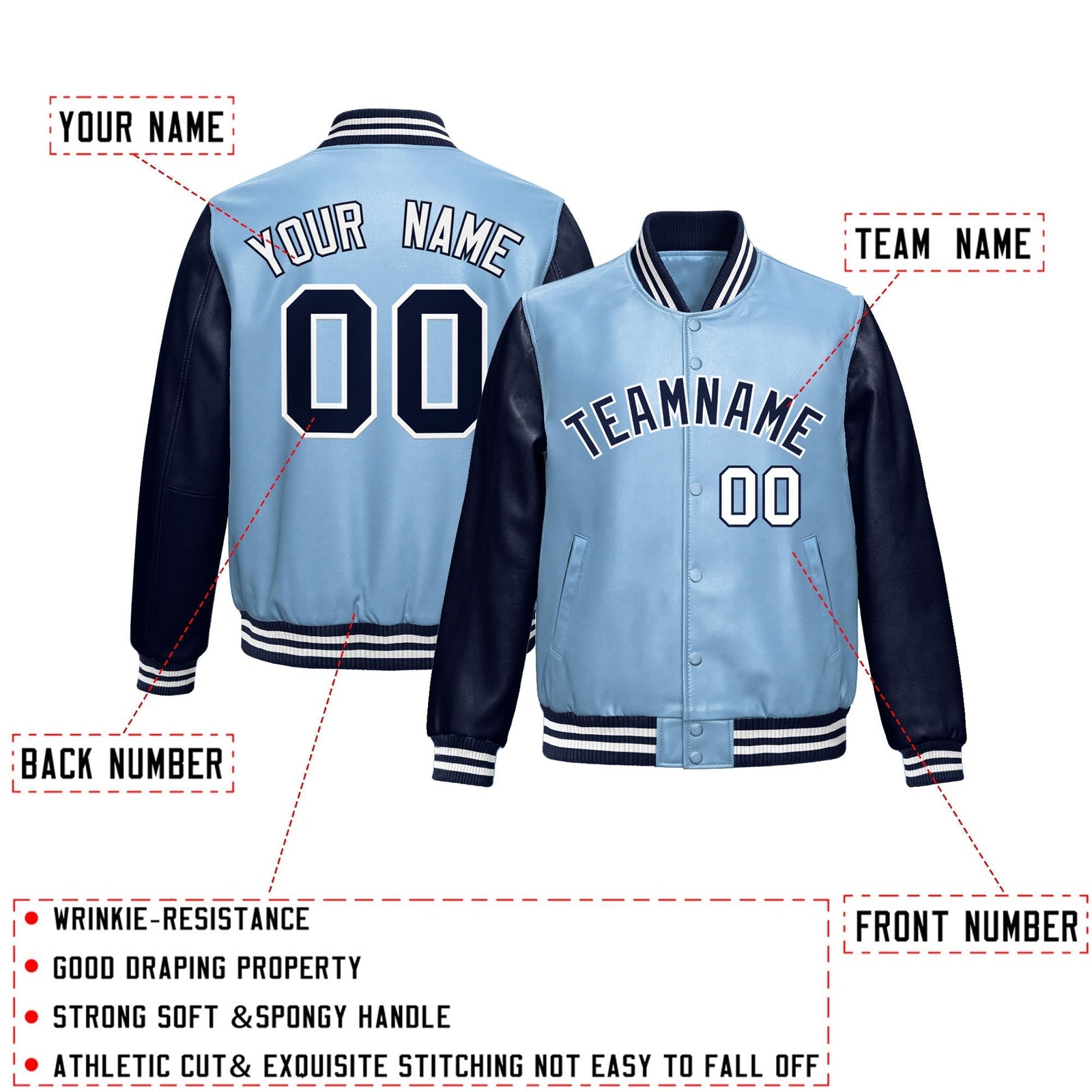 Custom Powder Blue Navy Raglan Sleeves Full-Snap Varsity Faux Leather Letterman Jacket