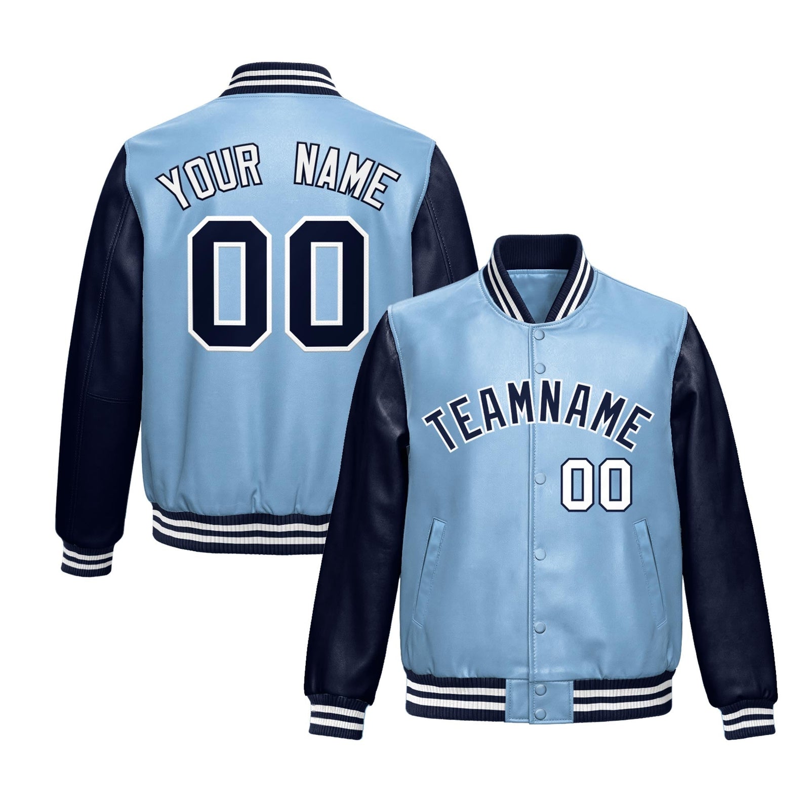 Custom Powder Blue Navy Raglan Sleeves Full-Snap Varsity Faux Leather Letterman Jacket