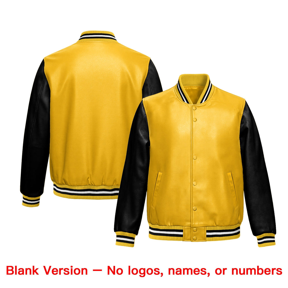 Custom Yellow Black Raglan Sleeves Full-Snap Varsity Faux Leather Letterman Jacket