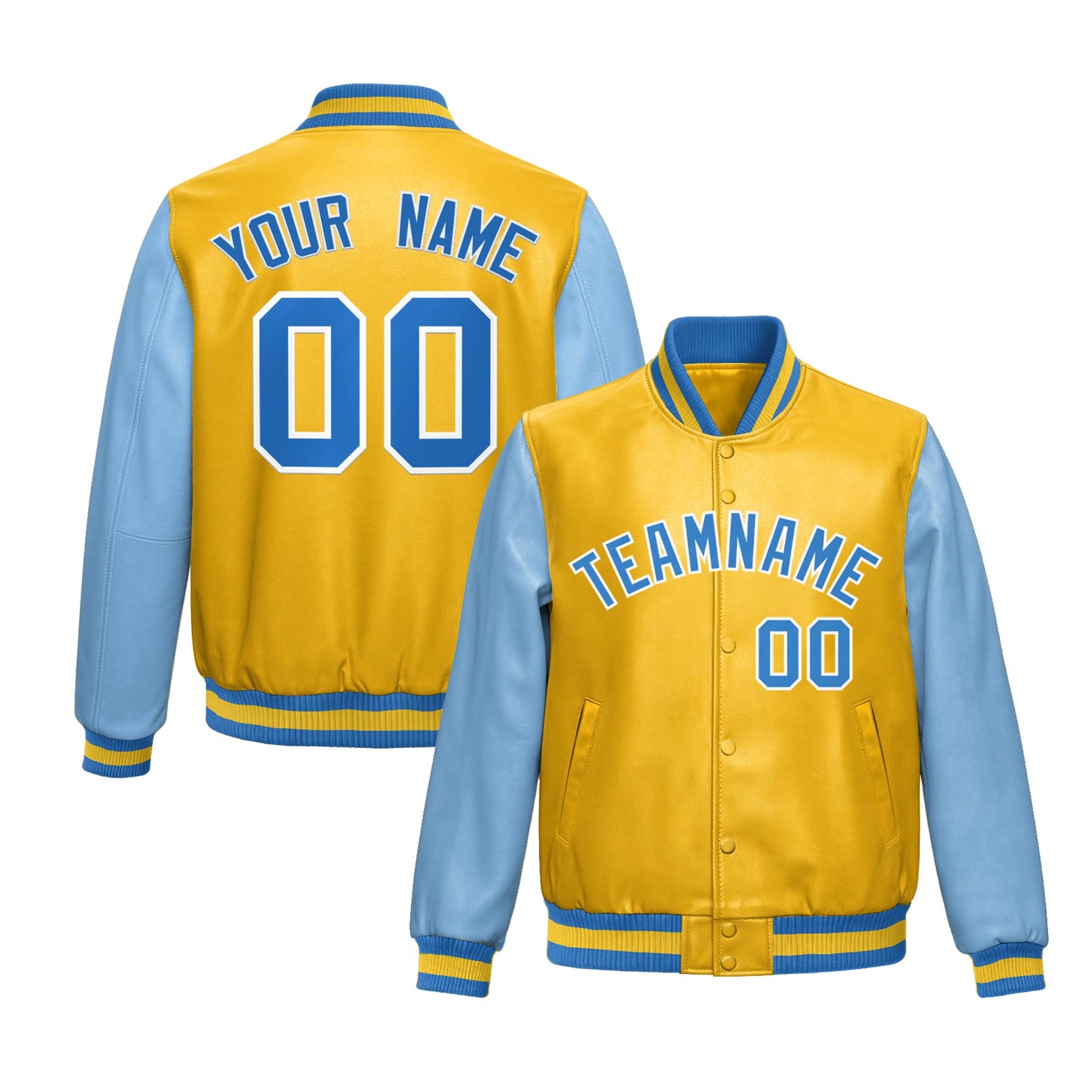 Custom Yellow Powder Blue Raglan Sleeves Full-Snap Varsity Faux Leather Letterman Jacket