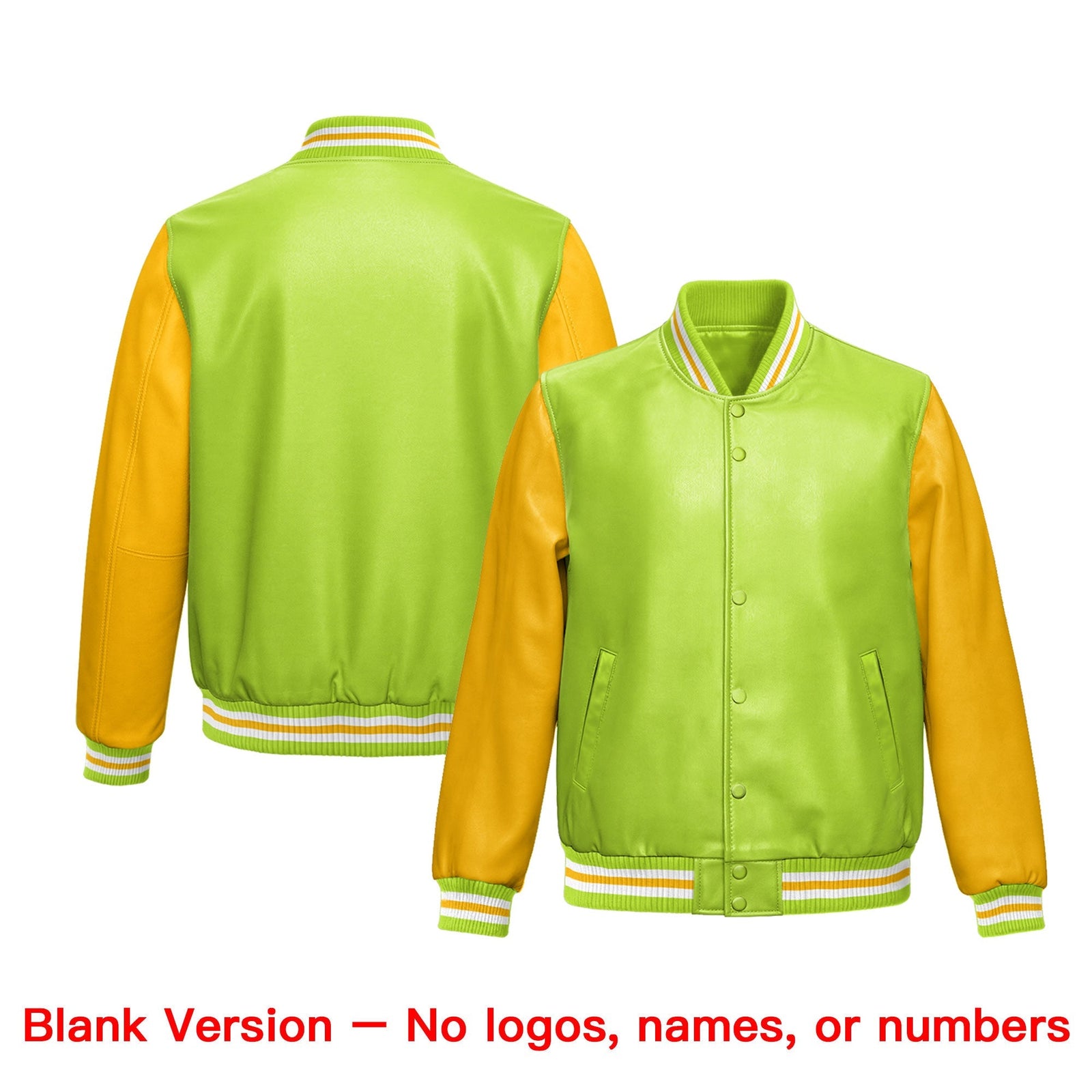 Custom Neon Green Yellow Raglan Sleeves Full-Snap Varsity Faux Leather Letterman Jacket