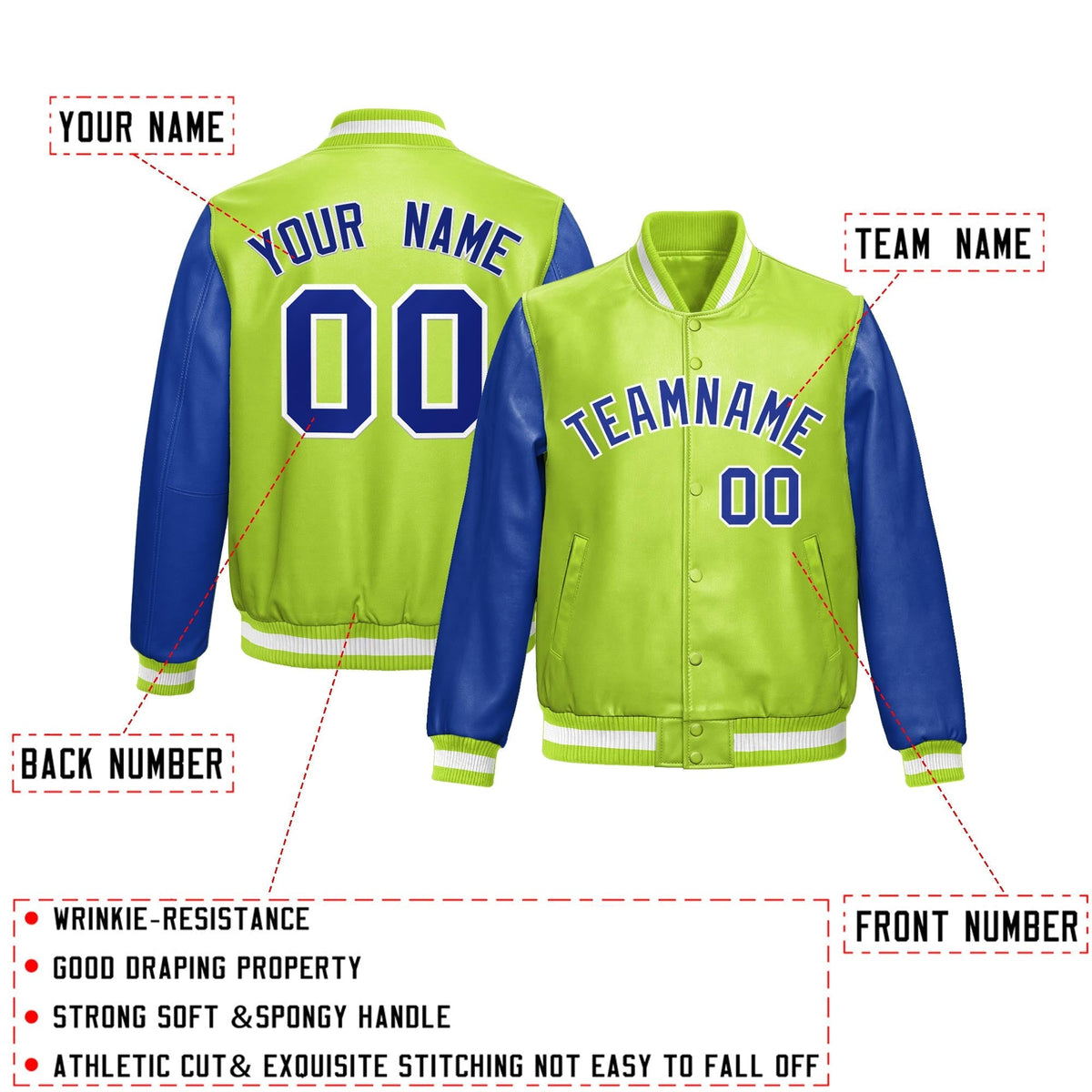 Custom Neon Green Royal Blue Raglan Sleeves Full-Snap Varsity Faux Leather Letterman Jacket