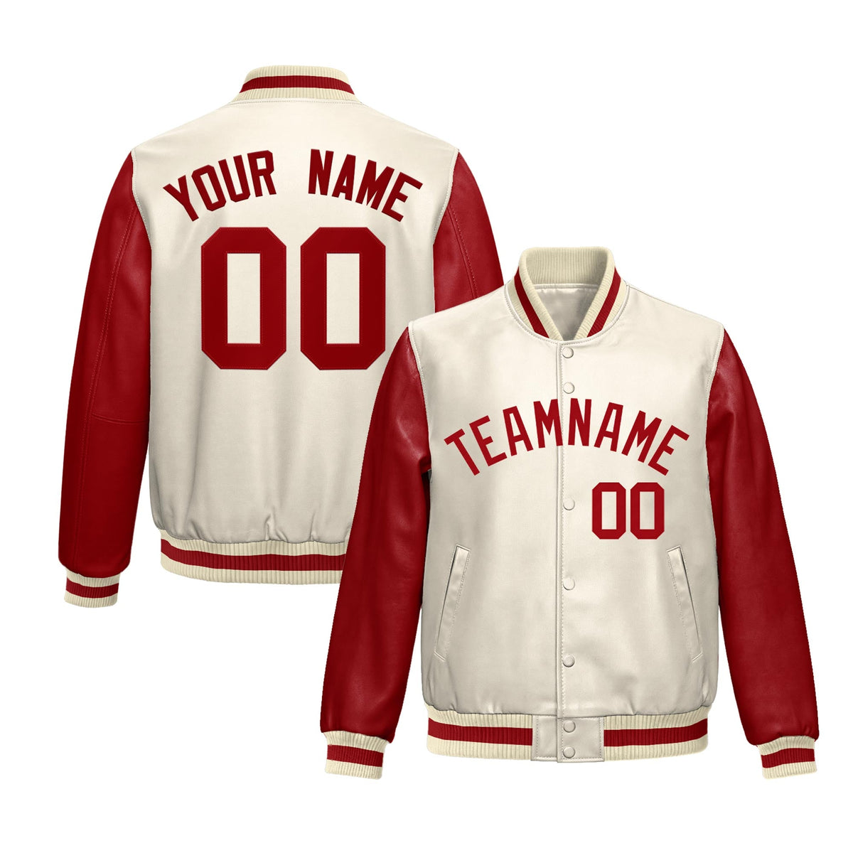 Custom Cream Red Raglan Sleeves Full-Snap Varsity Faux Leather Letterman Jacket