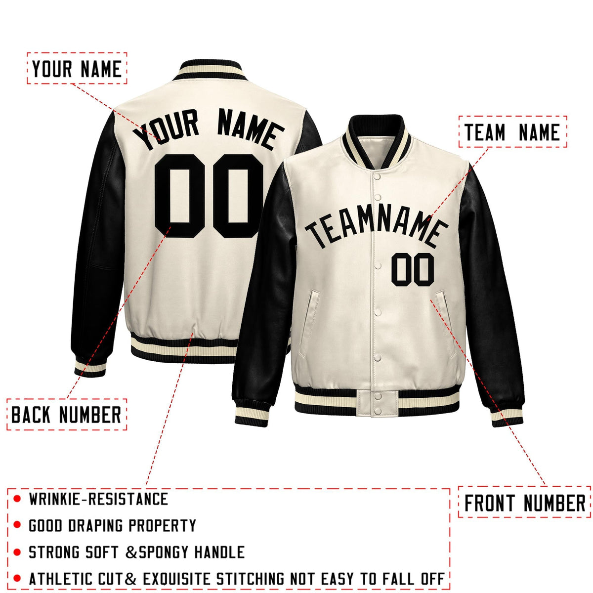 Custom Cream Black Raglan Sleeves Full-Snap Varsity Faux Leather Letterman Jacket