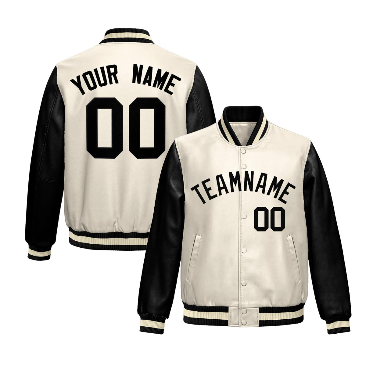 Custom Cream Black Raglan Sleeves Full-Snap Varsity Faux Leather Letterman Jacket