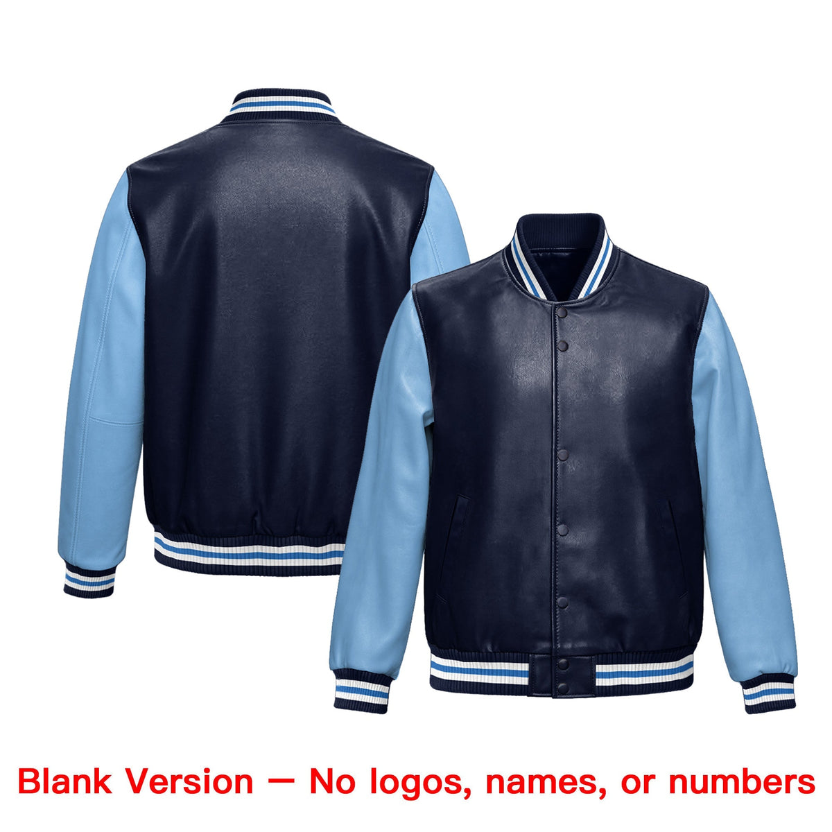 Custom Navy Powder Blue Raglan Sleeves Full-Snap Varsity Faux Leather Letterman Jacket