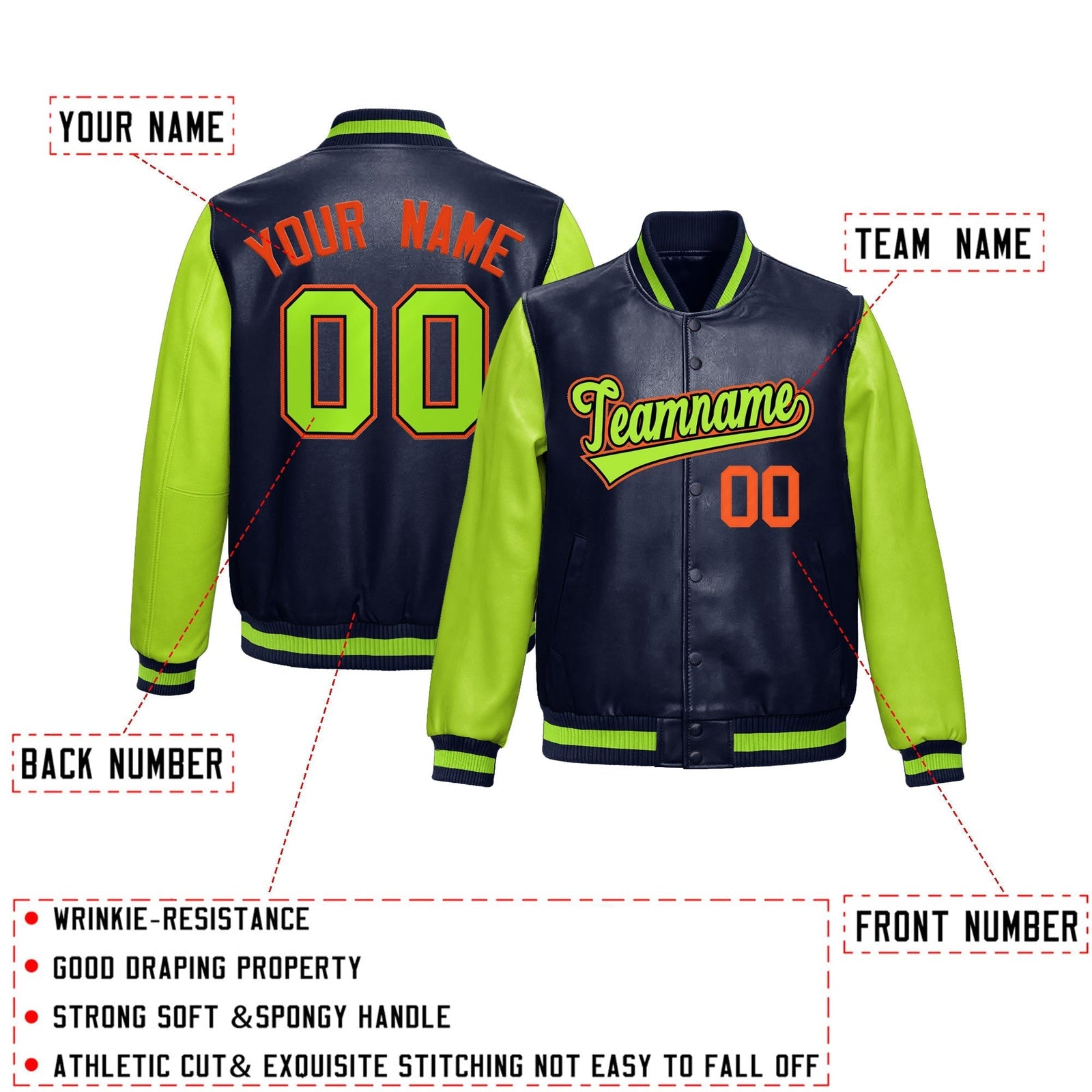 Custom Neon Green Navy Raglan Sleeves Full-Snap Varsity Faux Leather Letterman Jacket