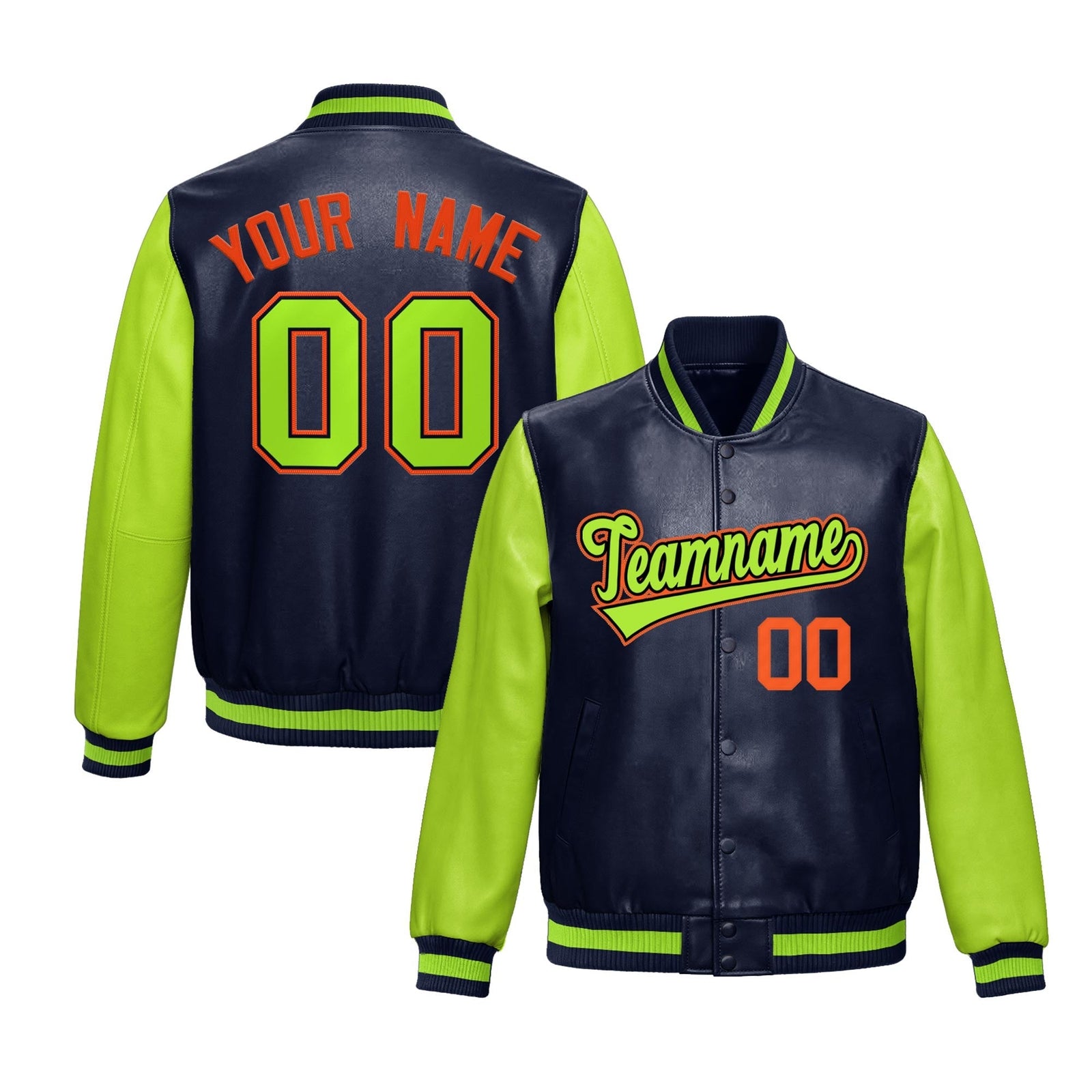 Custom Neon Green Navy Raglan Sleeves Full-Snap Varsity Faux Leather Letterman Jacket