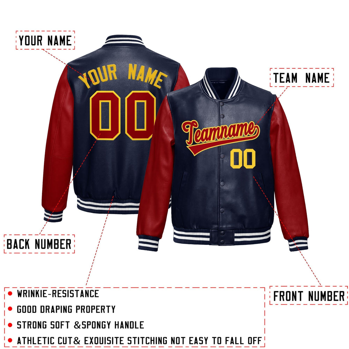 Custom Navy Red Raglan Sleeves Full-Snap Varsity Faux Leather Letterman Jacket