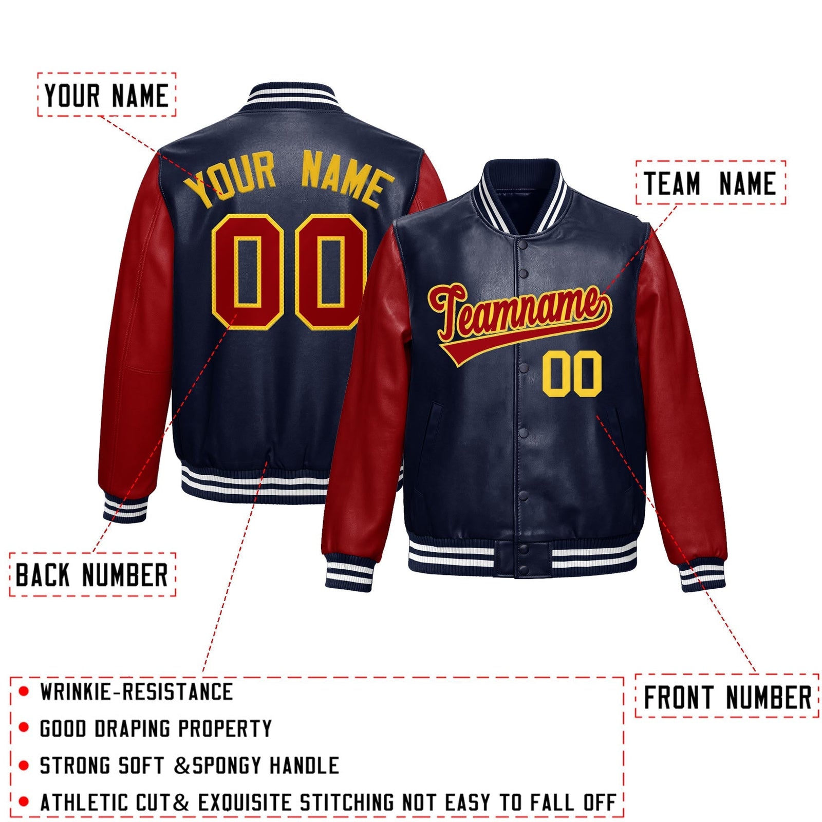 Custom Navy Red Raglan Sleeves Full-Snap Varsity Faux Leather Letterman Jacket