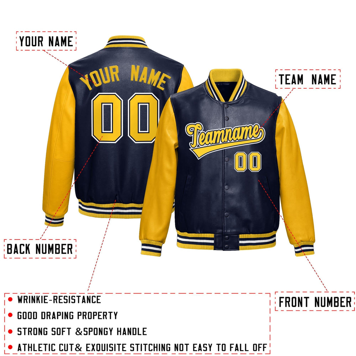Custom Navy Yellow Raglan Sleeves Full-Snap Varsity Faux Leather Letterman Jacket