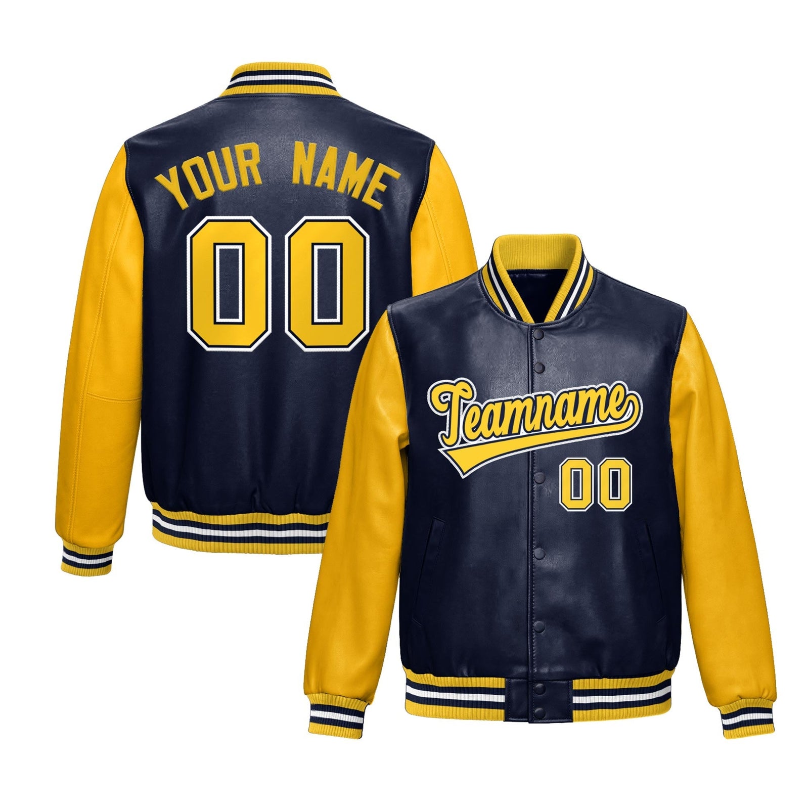 Custom Navy Yellow Raglan Sleeves Full-Snap Varsity Faux Leather Letterman Jacket