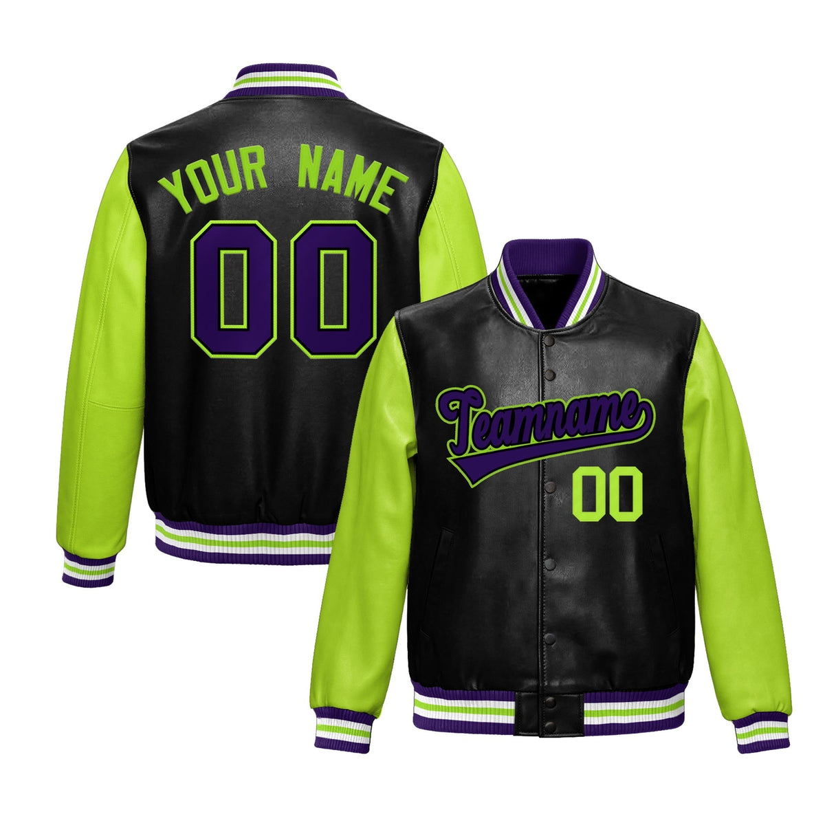 Custom Black Neon Green Raglan Sleeves Full-Snap Varsity Faux Leather Letterman Jacket