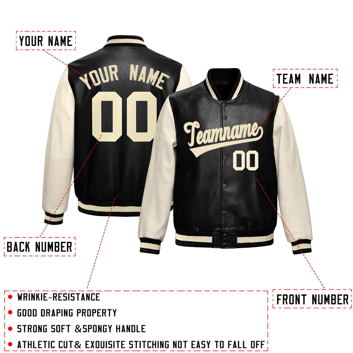 Custom Black Cream Raglan Sleeves Full-Snap Varsity Faux Leather Letterman Jacket