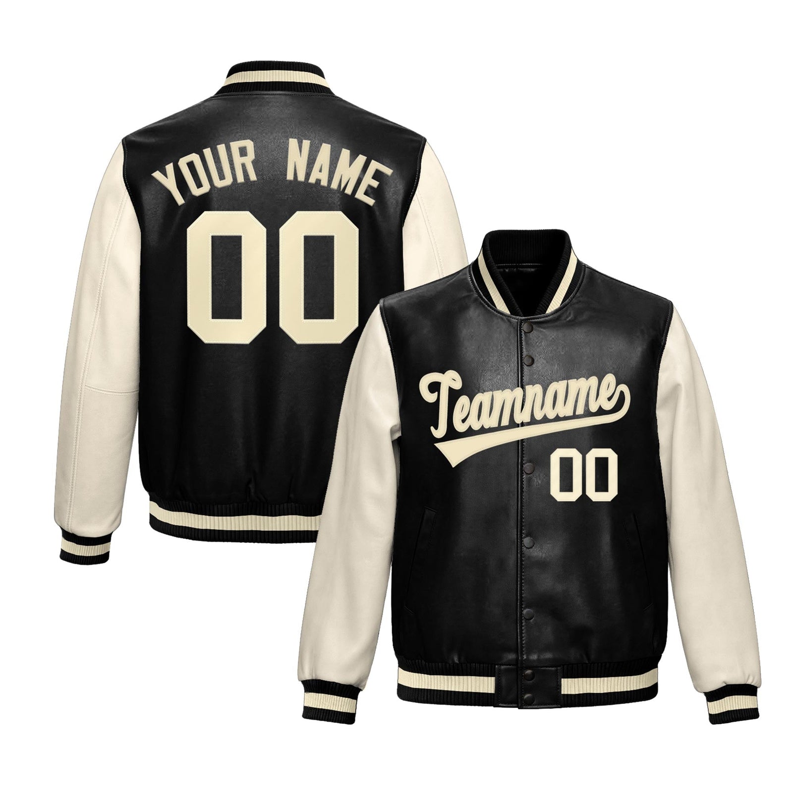 Custom Black Cream Raglan Sleeves Full-Snap Varsity Faux Leather Letterman Jacket