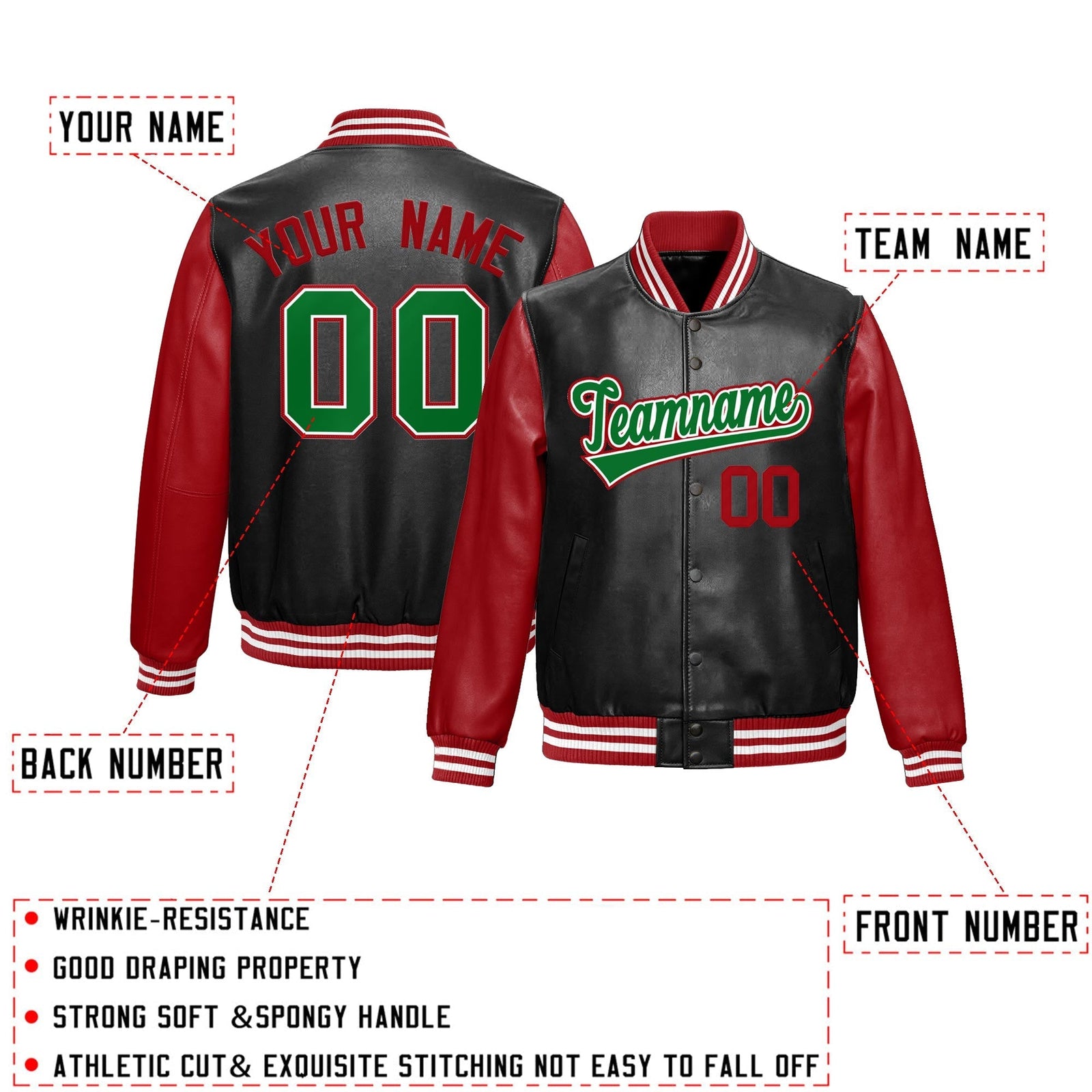 Custom Black Red Kelly Green Raglan Sleeves Full-Snap Varsity Faux Leather Letterman Jacket