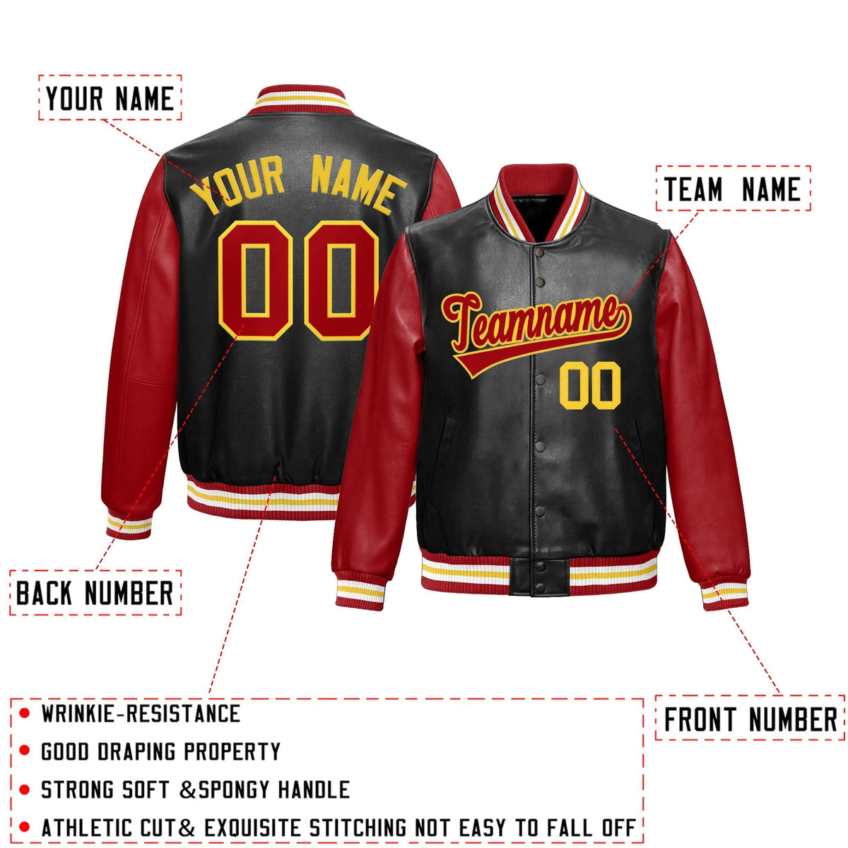 Custom Black Red Gold Raglan Sleeves Full-Snap Varsity Faux Leather Letterman Jacket