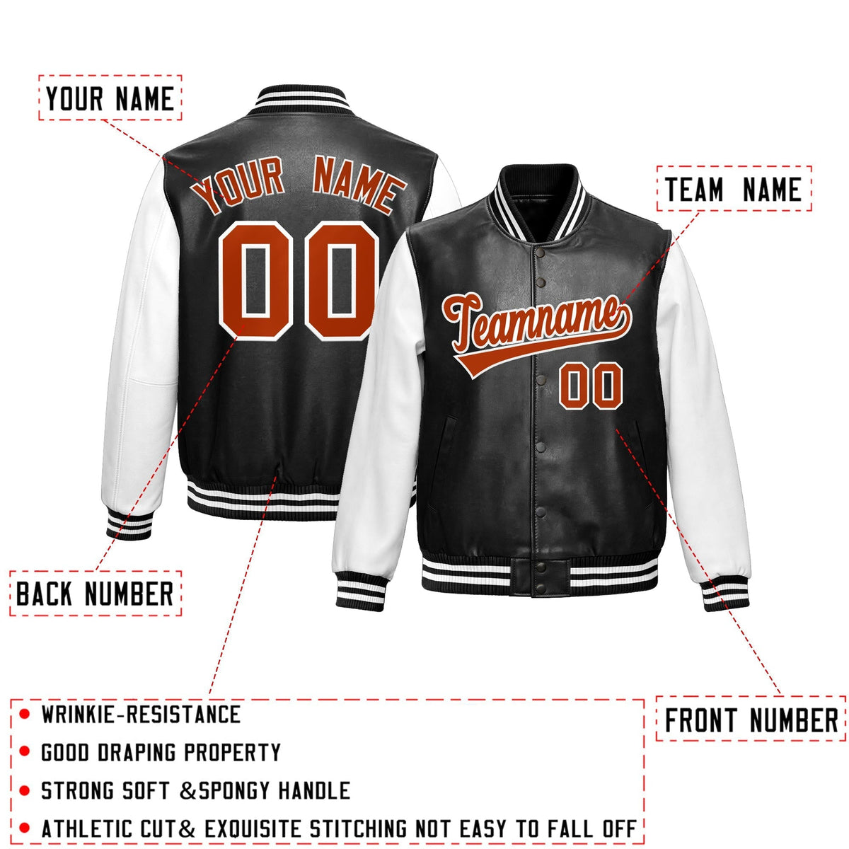 Custom Black White Dark Orange Raglan Sleeves Full-Snap Varsity Faux Leather Letterman Jacket
