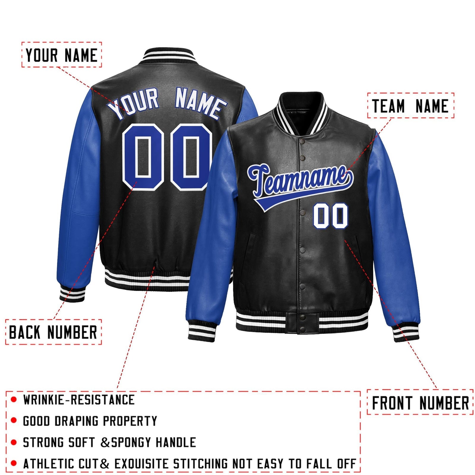 Custom Black Royal Blue Raglan Sleeves Full-Snap Varsity Faux Leather Letterman Jacket