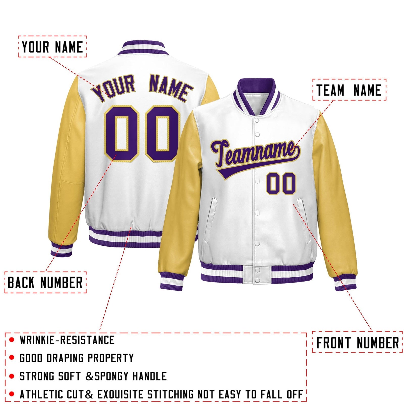 Custom White Khaki Raglan Sleeves Full-Snap Varsity Faux Leather Letterman Jacket