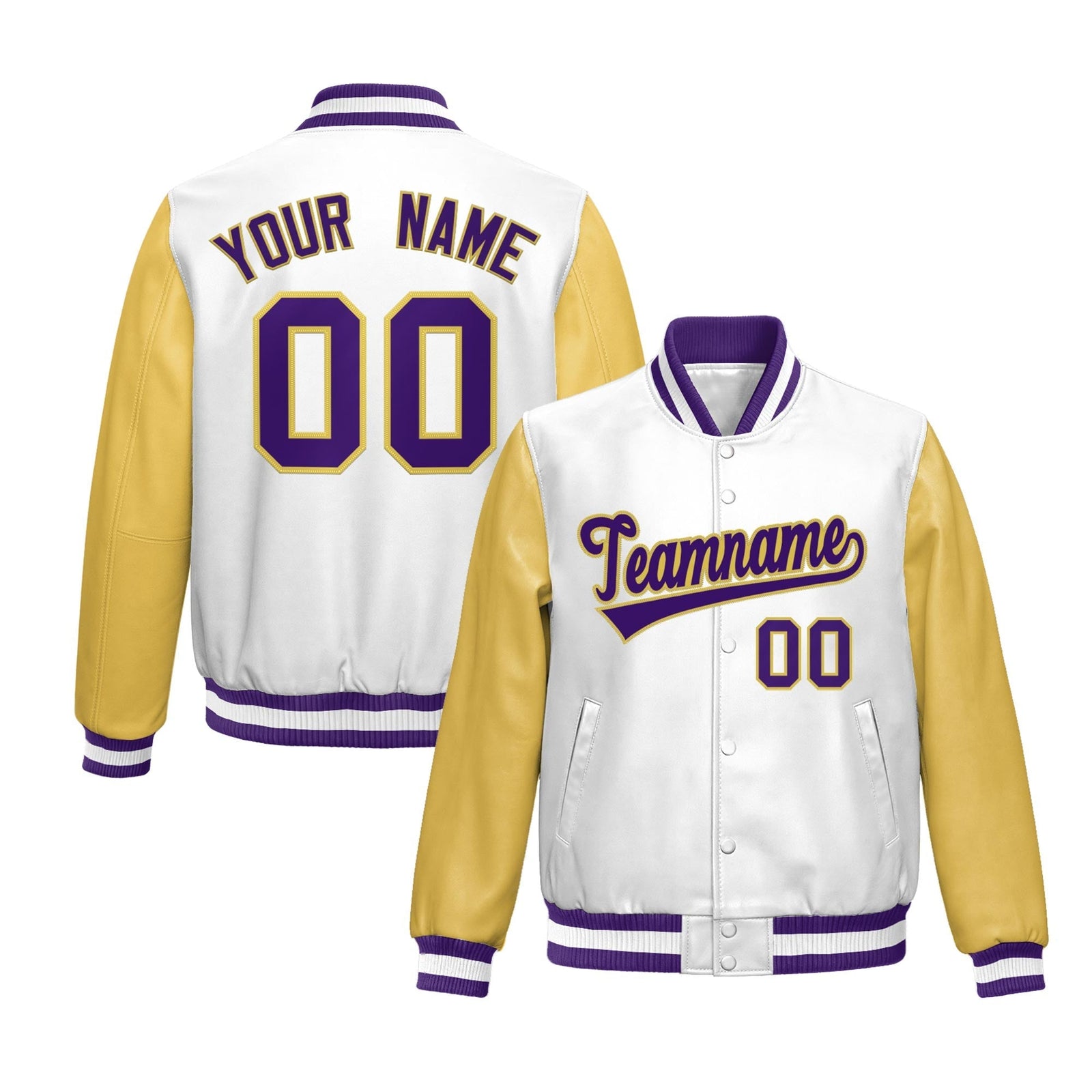 Custom White Khaki Raglan Sleeves Full-Snap Varsity Faux Leather Letterman Jacket