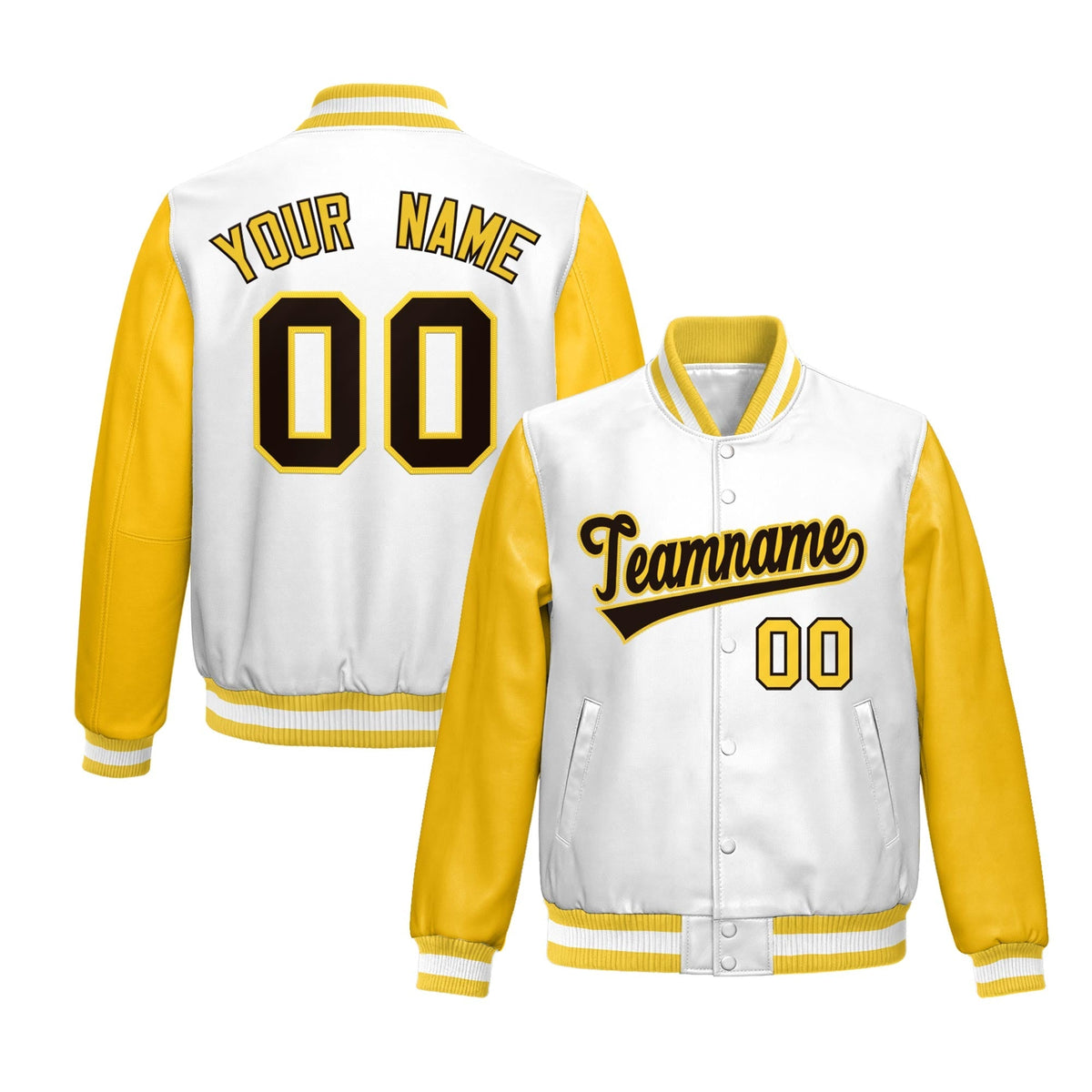 Custom White Yellow Raglan Sleeves Full-Snap Varsity Faux Leather Letterman Jacket