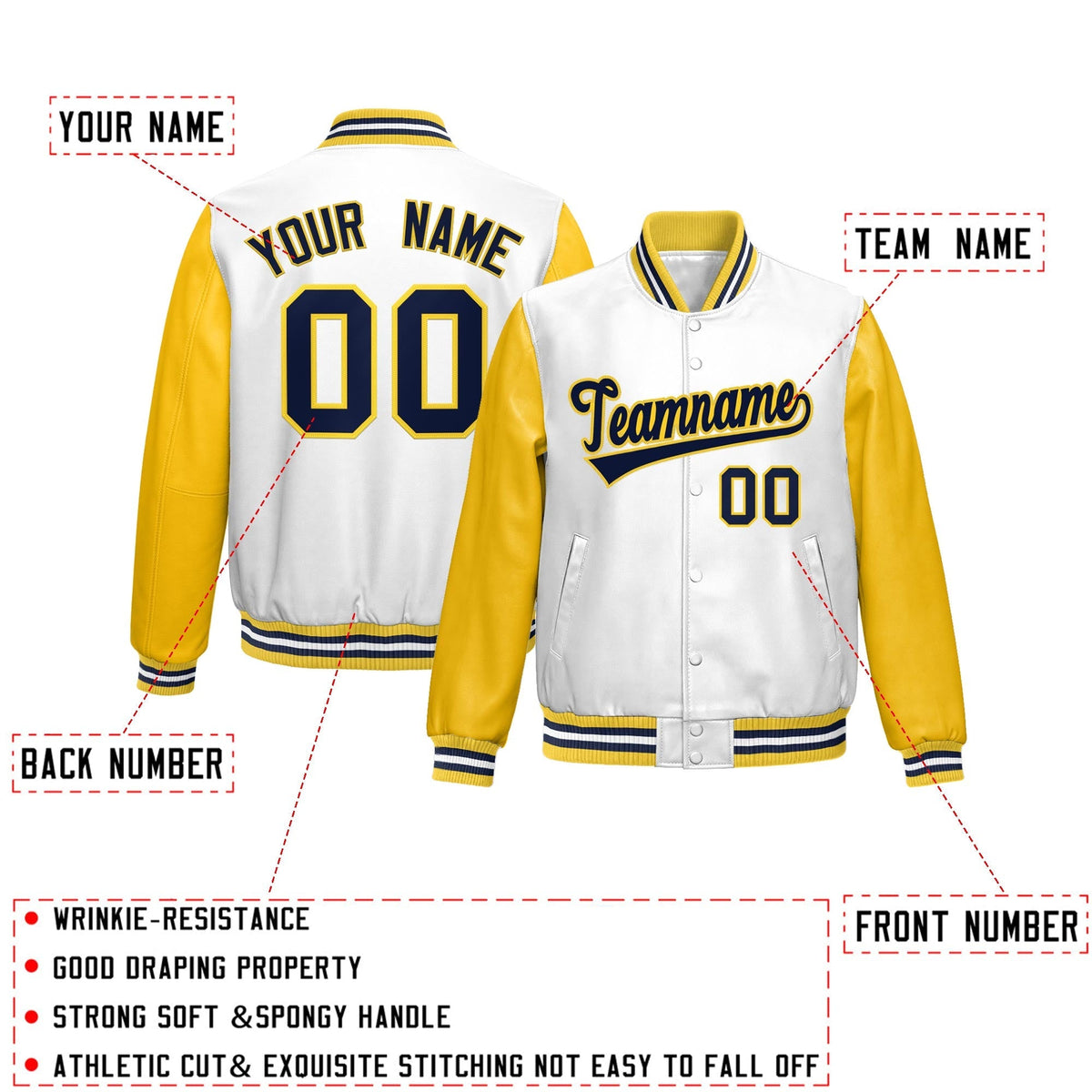 Custom White Yellow Raglan Sleeves Full-Snap Varsity Faux Leather Letterman Jacket