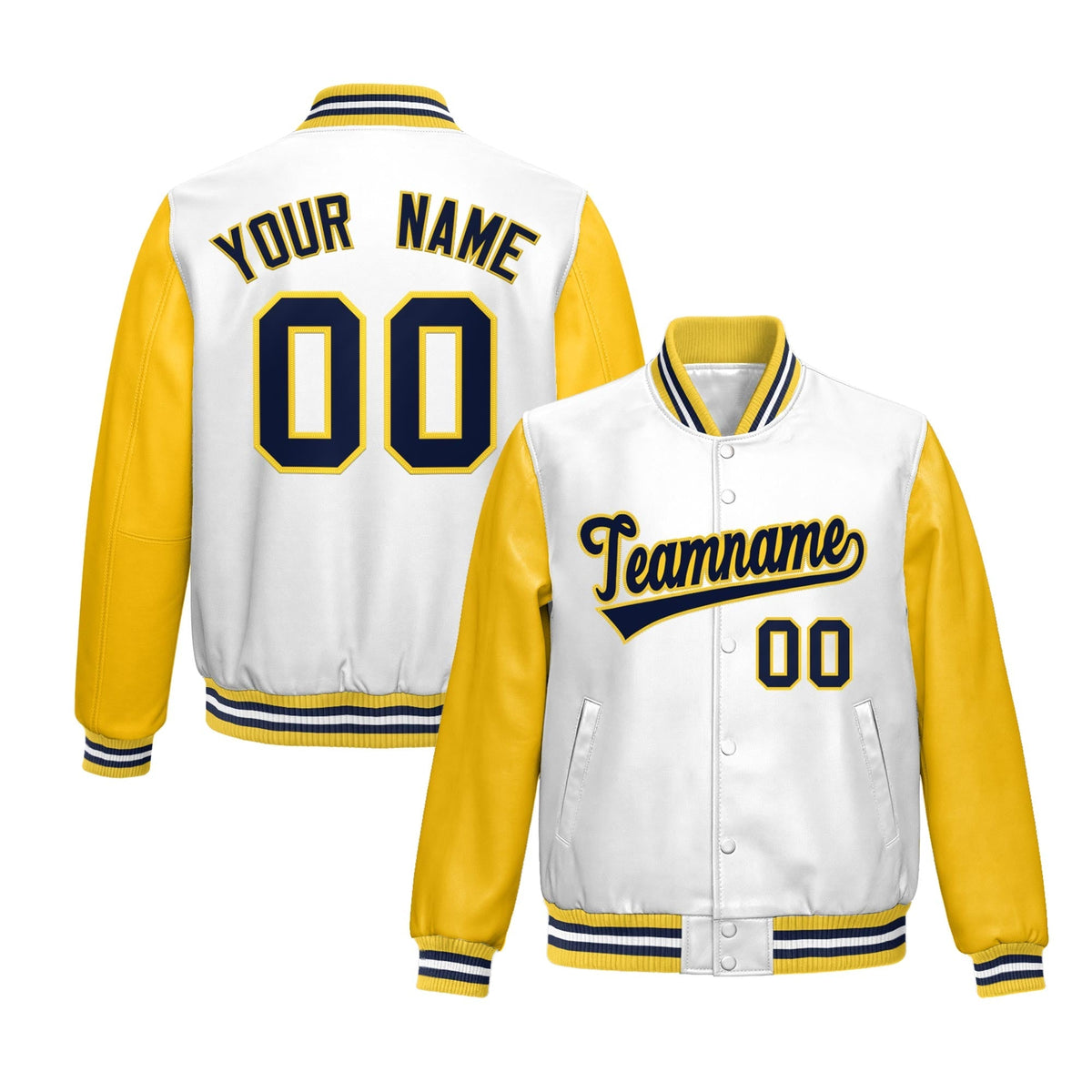 Custom White Yellow Raglan Sleeves Full-Snap Varsity Faux Leather Letterman Jacket