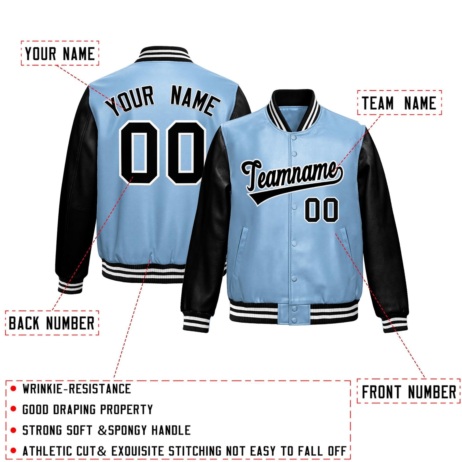 Custom Powder Blue Black Raglan Sleeves Full-Snap Varsity Faux Leather Letterman Jacket