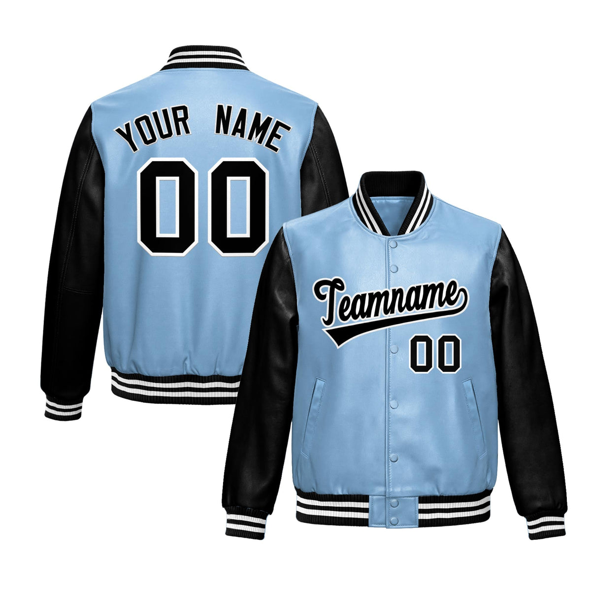 Custom Powder Blue Black Raglan Sleeves Full-Snap Varsity Faux Leather Letterman Jacket