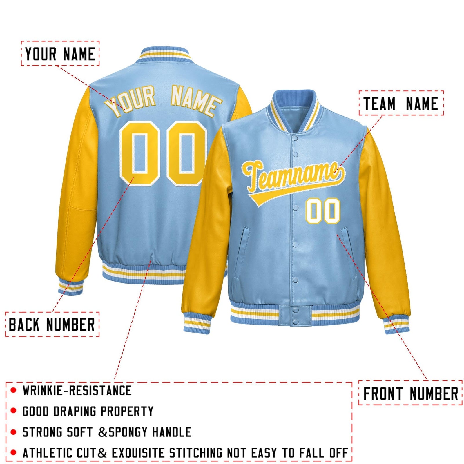 Custom Powder Blue Yellow Raglan Sleeves Full-Snap Varsity Faux Leather Letterman Jacket