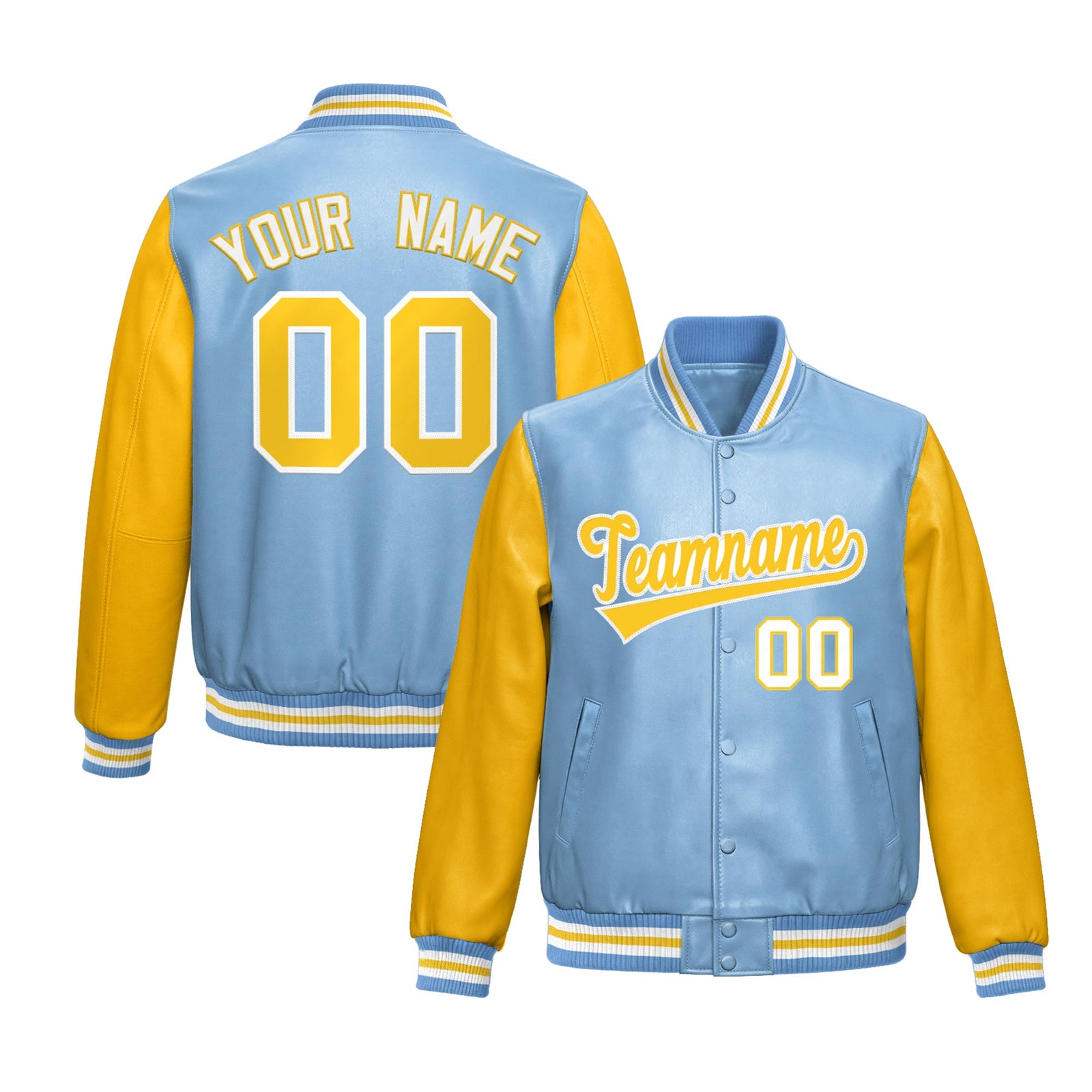 Custom Powder Blue Yellow Raglan Sleeves Full-Snap Varsity Faux Leather Letterman Jacket