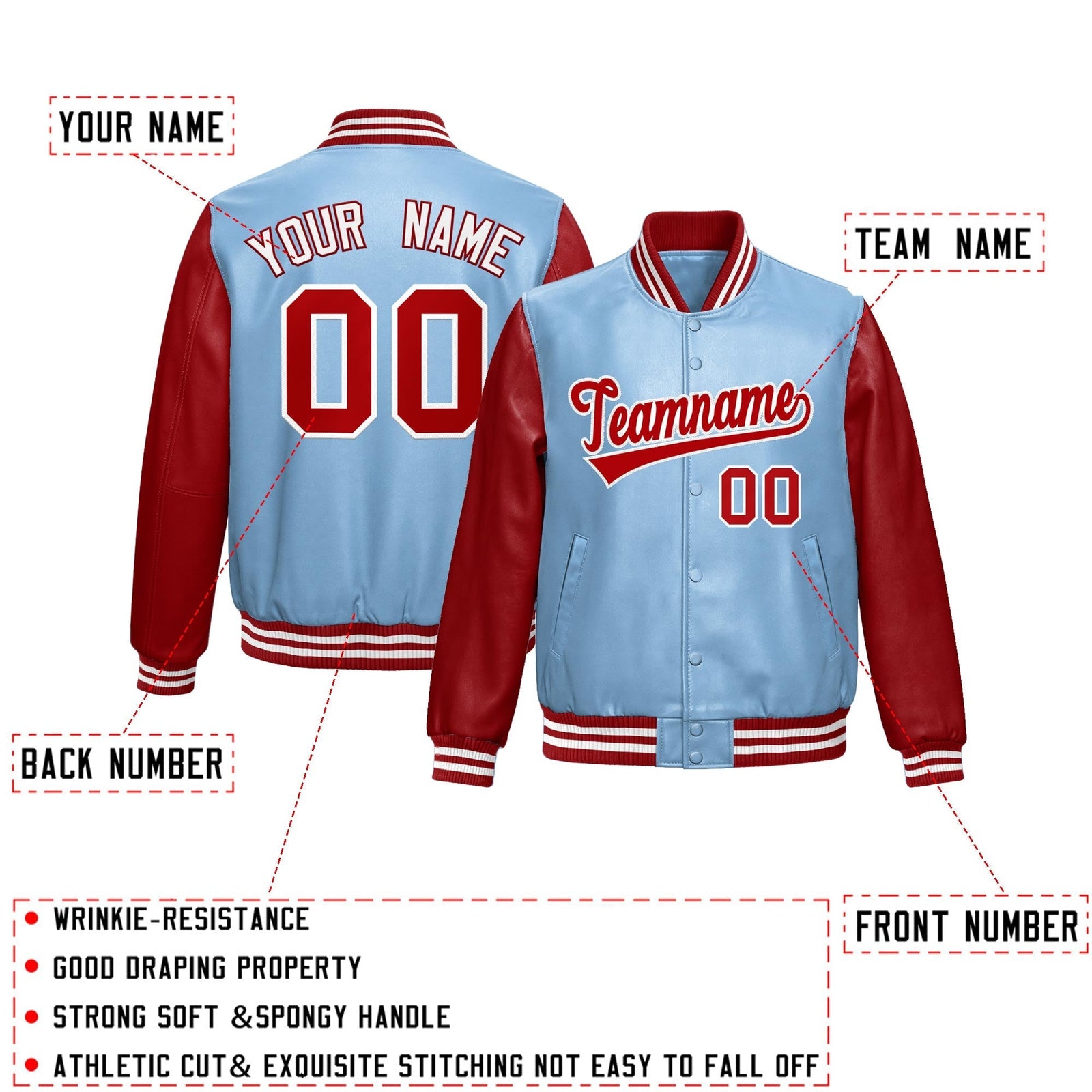 Custom Powder Blue Red Raglan Sleeves Full-Snap Varsity Faux Leather Letterman Jacket