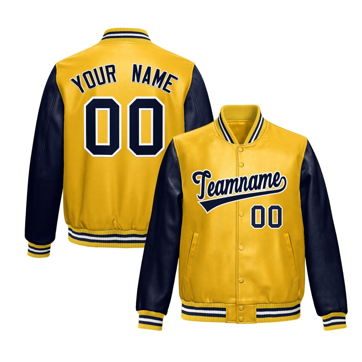 Custom Yellow Navy Raglan Sleeves Full-Snap Varsity Faux Leather Letterman Jacket