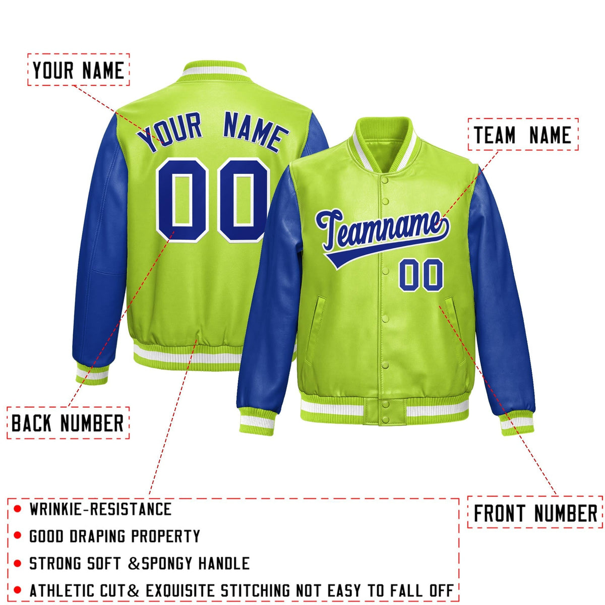 Custom Neon Green Royal Blue Raglan Sleeves Full-Snap Varsity Faux Leather Letterman Jacket