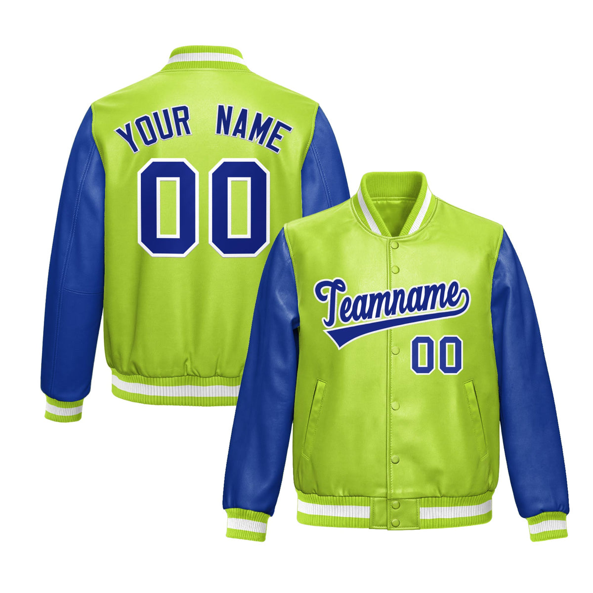 Custom Neon Green Royal Blue Raglan Sleeves Full-Snap Varsity Faux Leather Letterman Jacket
