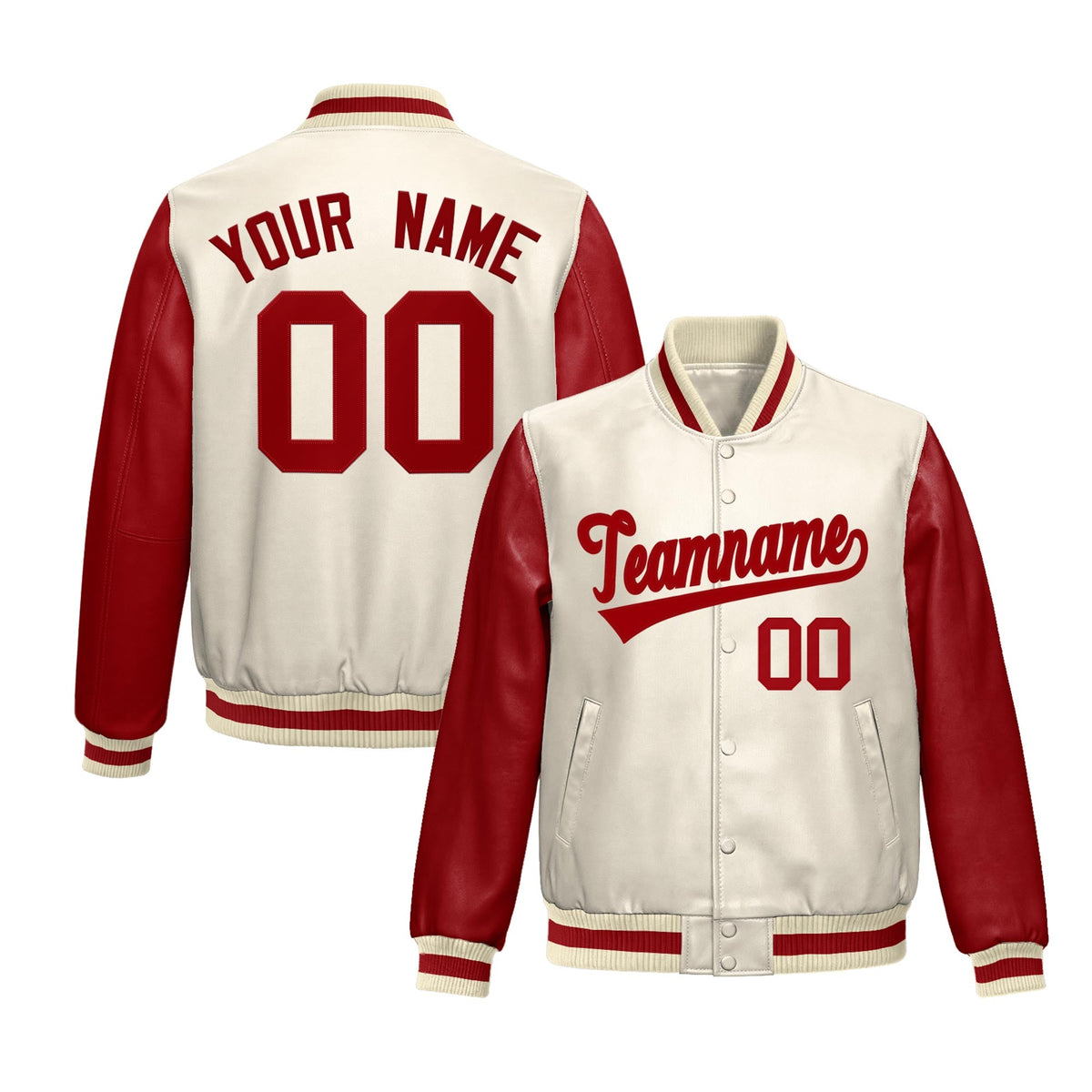 Custom Cream Red Raglan Sleeves Full-Snap Varsity Faux Leather Letterman Jacket
