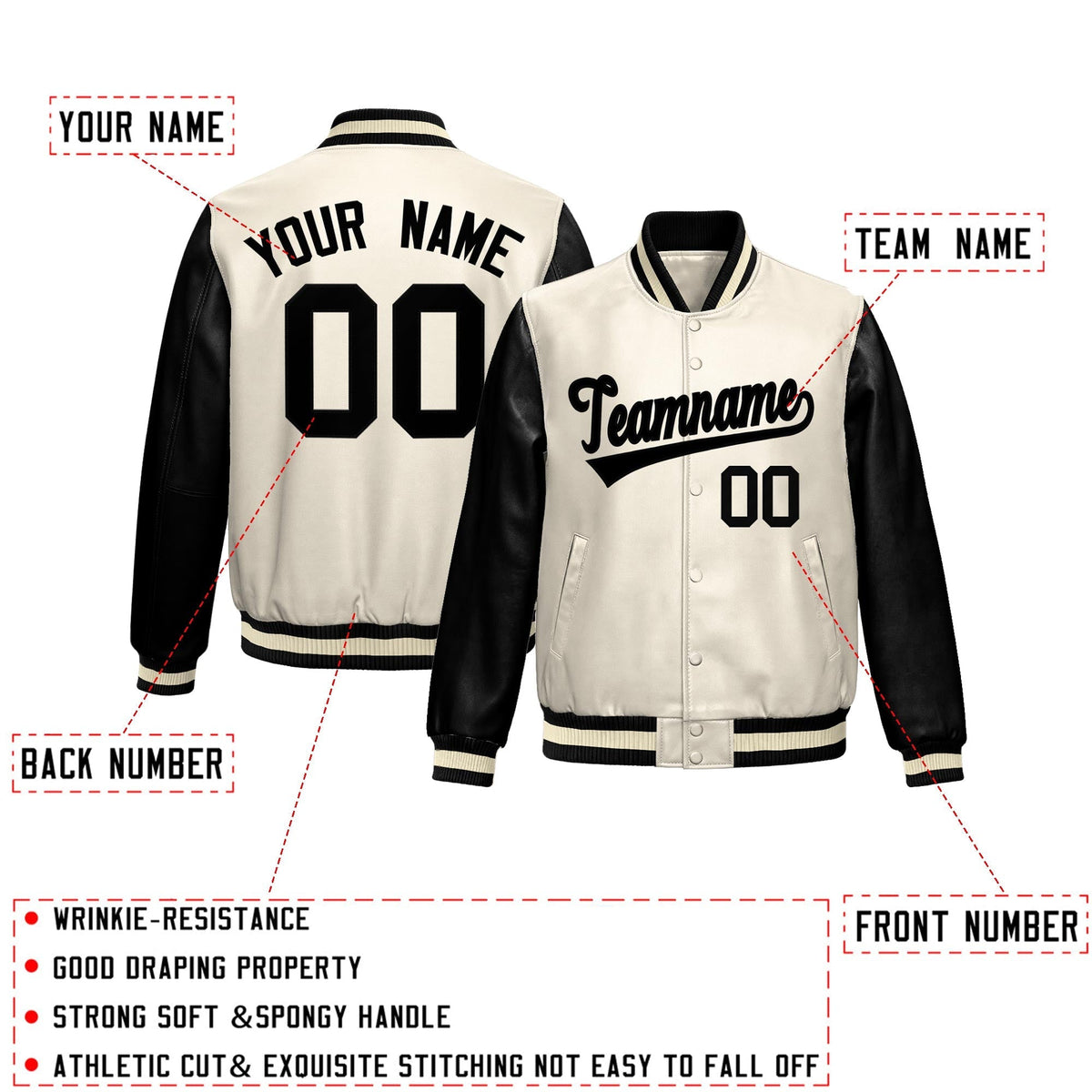 Custom Cream Black Raglan Sleeves Full-Snap Varsity Faux Leather Letterman Jacket