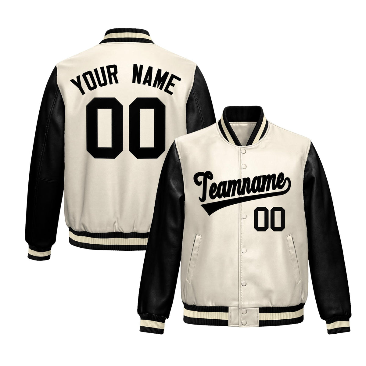 Custom Cream Black Raglan Sleeves Full-Snap Varsity Faux Leather Letterman Jacket