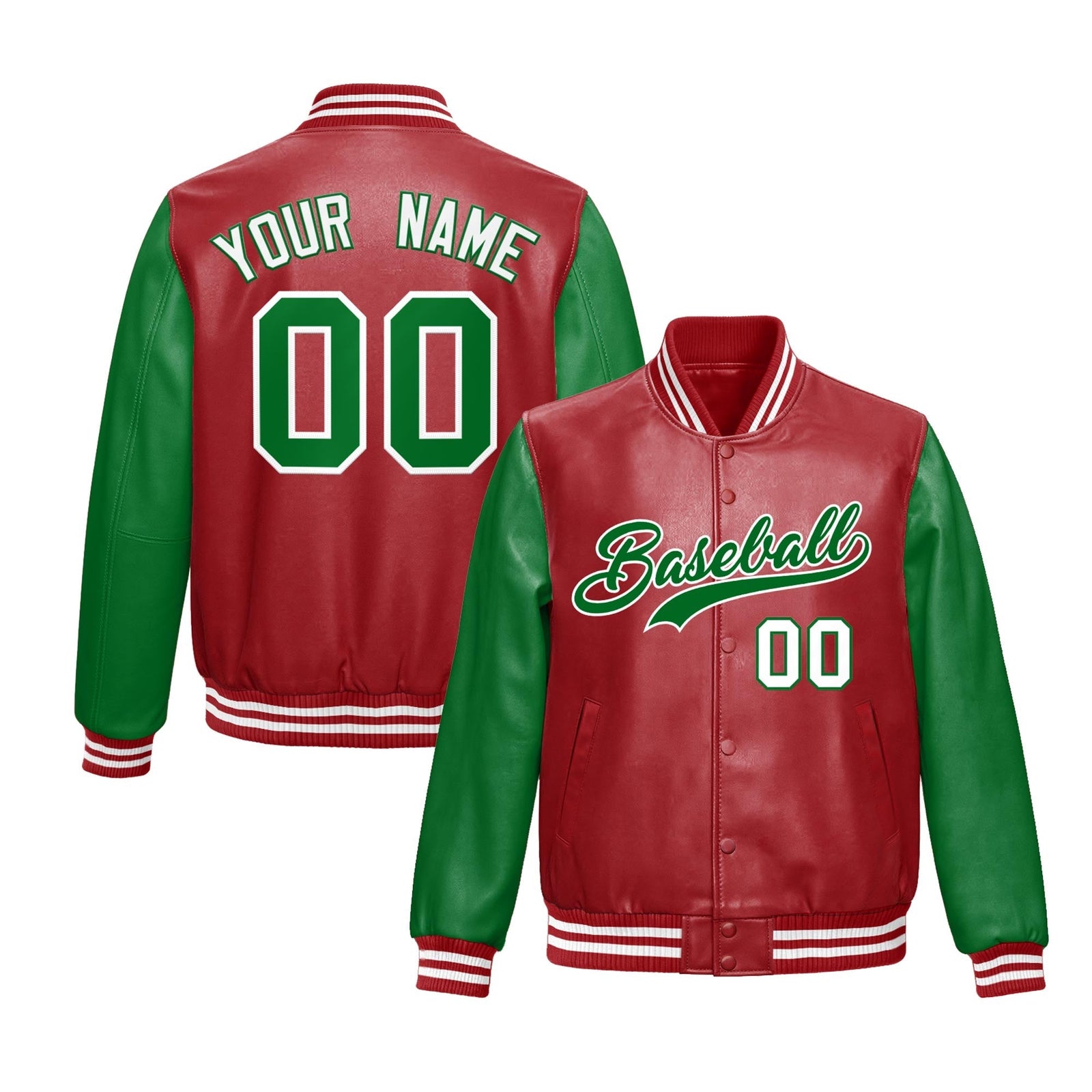 Custom Red Kelly Green Raglan Sleeves Full-Snap Varsity Faux Leather Letterman Jacket