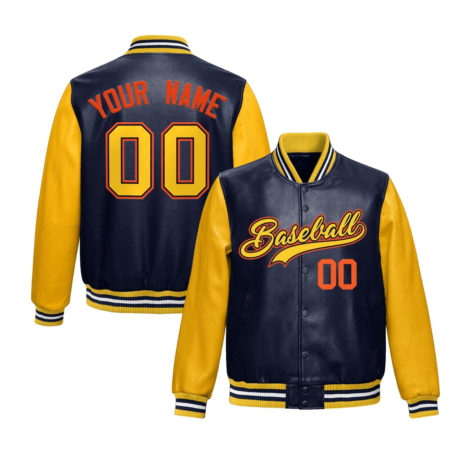 Custom Navy Yellow Raglan Sleeves Full-Snap Varsity Faux Leather Letterman Jacket