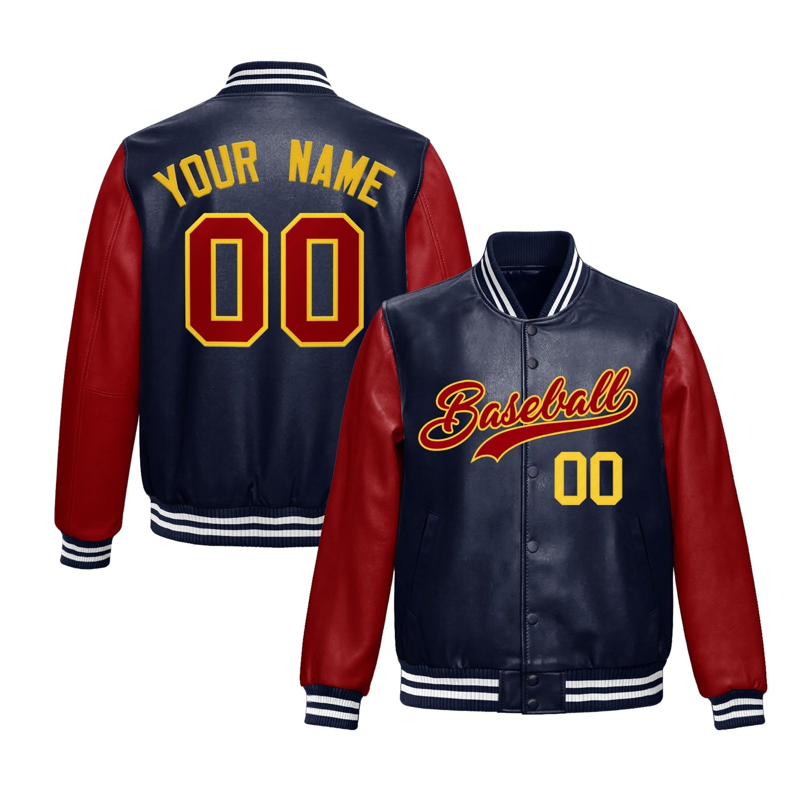 Custom Navy Red Raglan Sleeves Full-Snap Varsity Faux Leather Letterman Jacket
