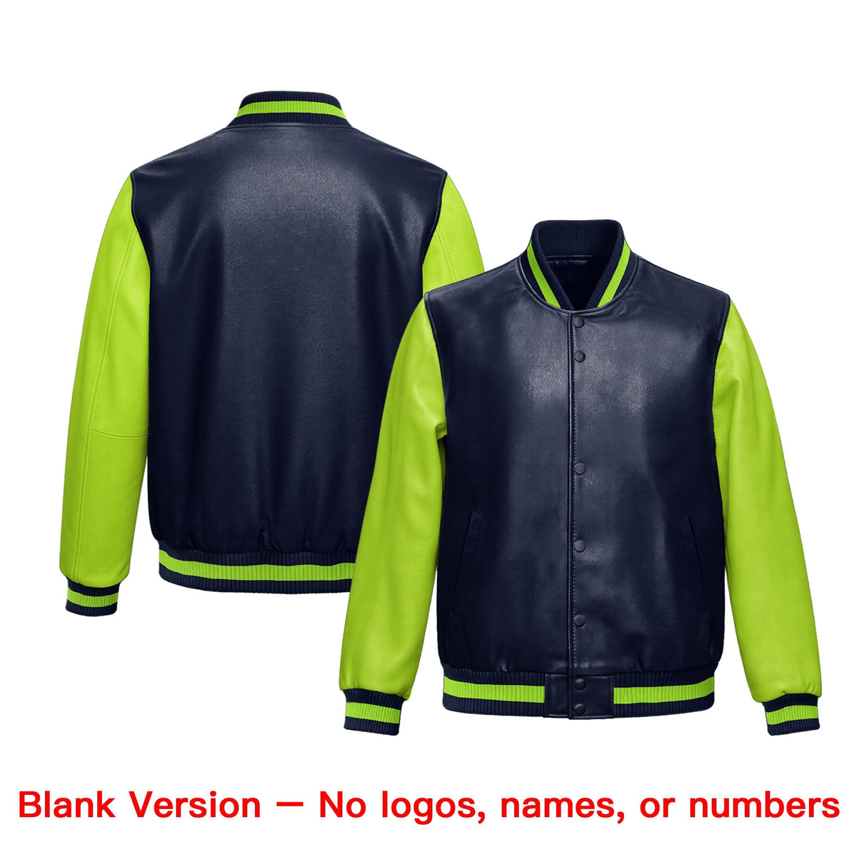 Custom Navy Neon Green Raglan Sleeves Full-Snap Varsity Faux Leather Letterman Jacket
