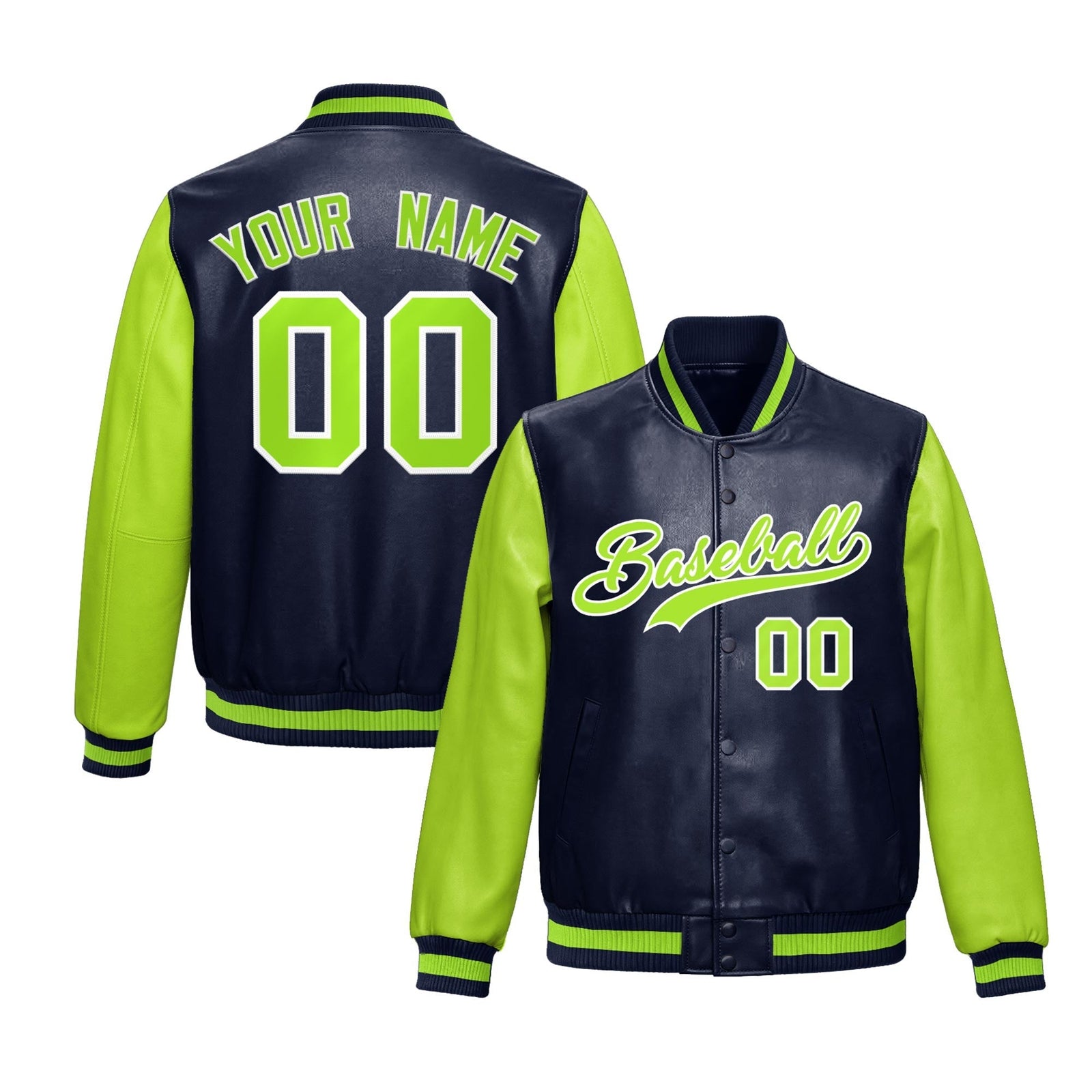 Custom Navy Neon Green Raglan Sleeves Full-Snap Varsity Faux Leather Letterman Jacket